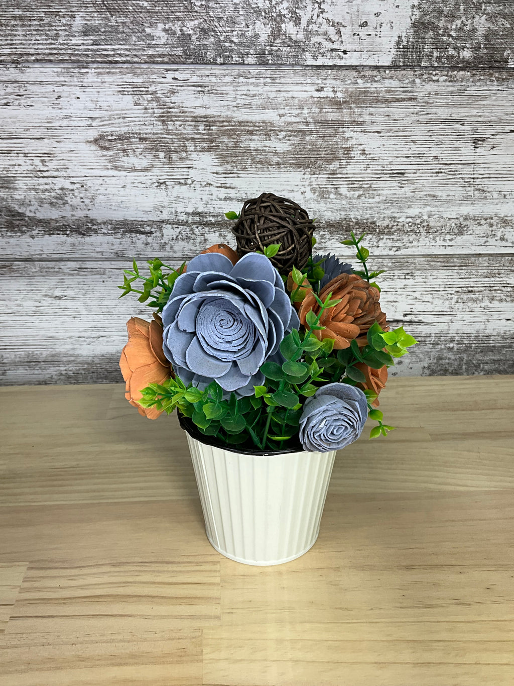Ribbed White Pot Sola Wood Arrangement – Dusty Blue & Terracotta