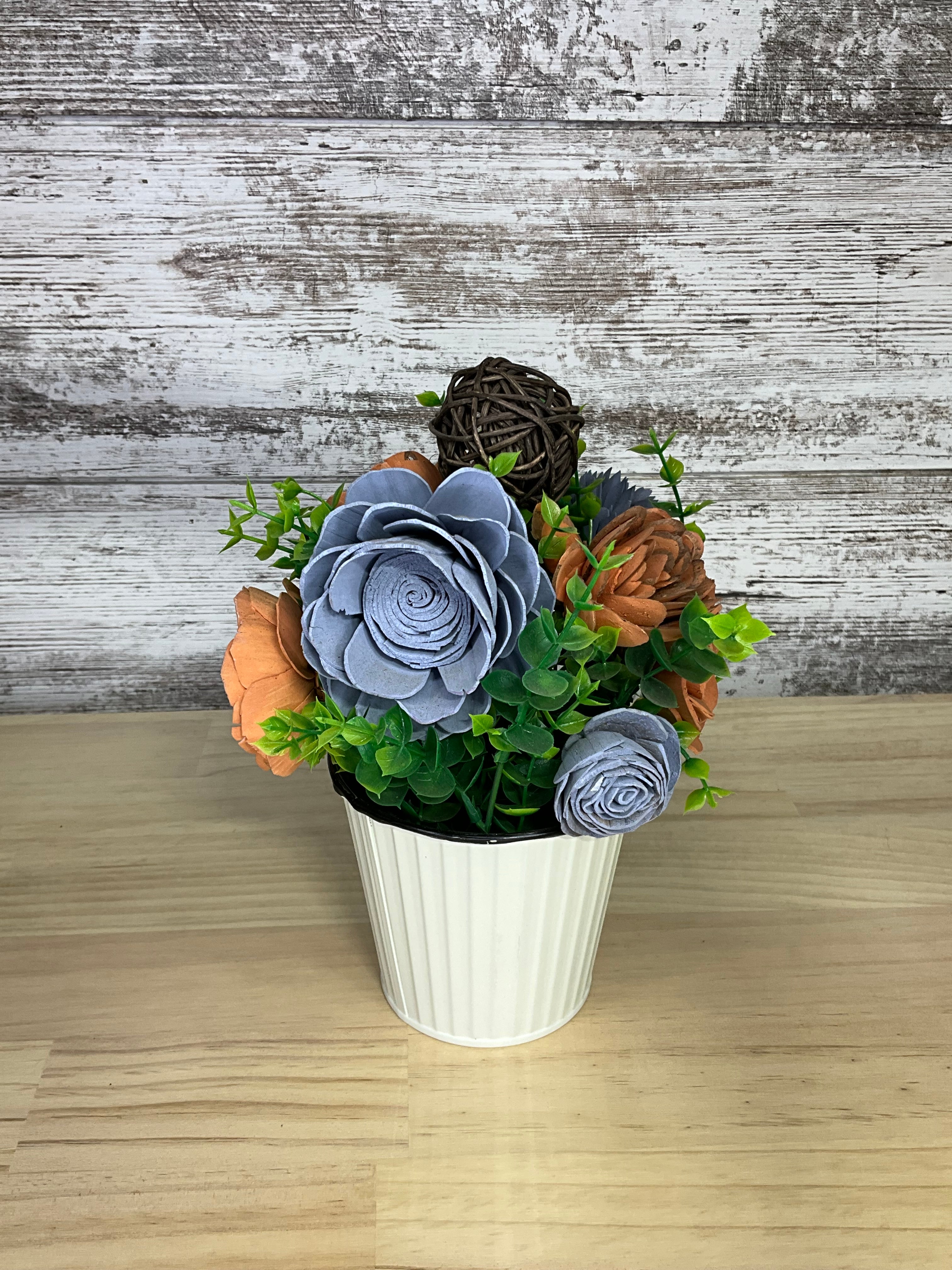 Ribbed White Pot Sola Wood Arrangement – Dusty Blue & Terracotta