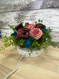 Teal & Burgundy Sola Wood Flower Arrangement in Wooden Dough Bowl