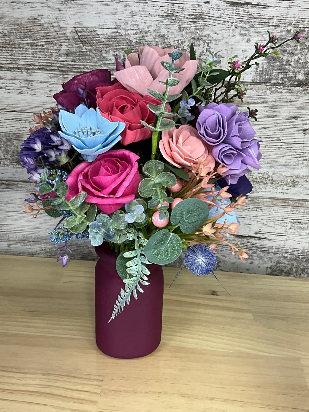 Frosted Wine Jar Drop-In Sola Wood Bouquet – Magenta, Purple, Lavender & Sky Blue