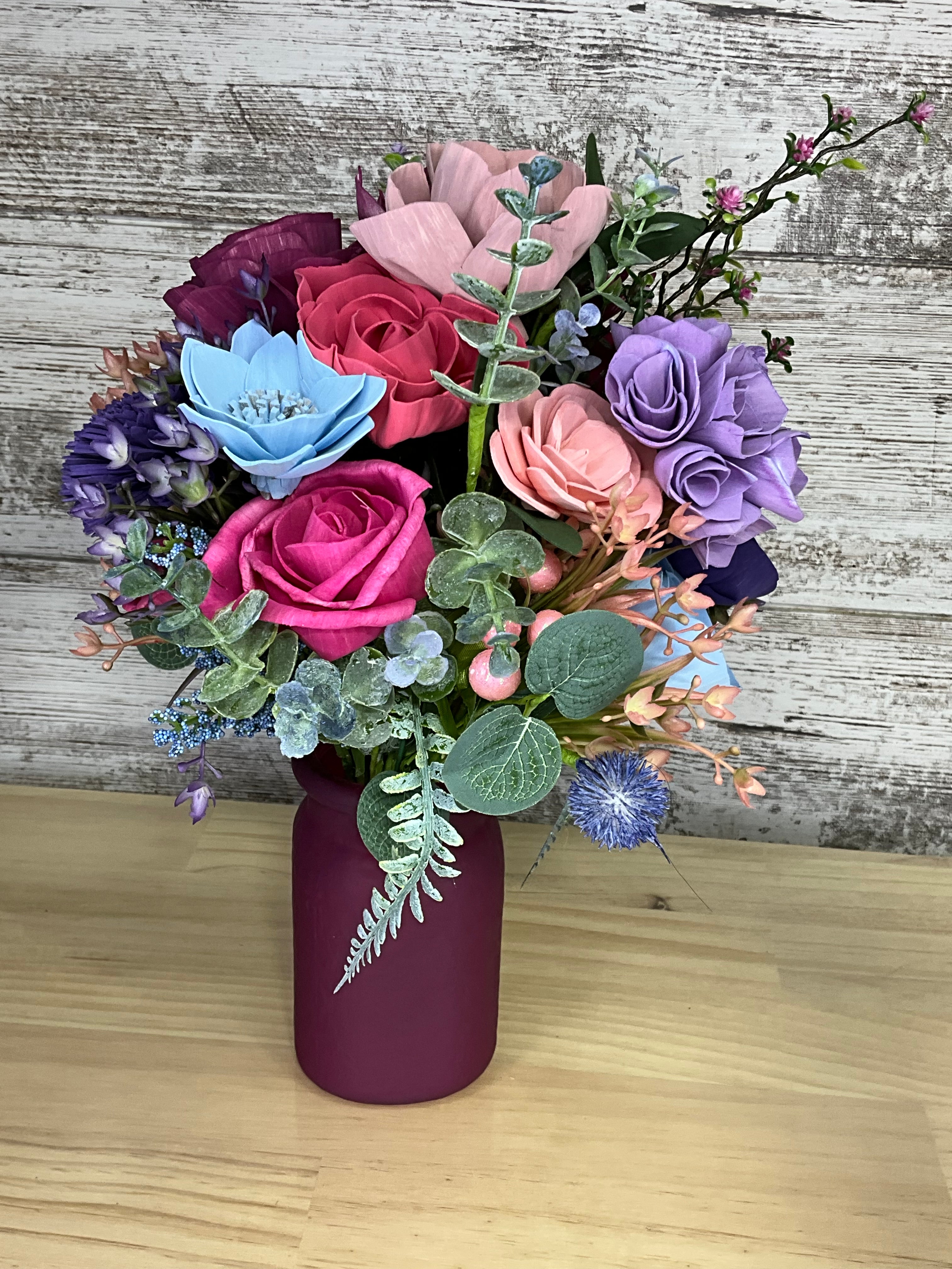 Frosted Wine Jar Drop-In Sola Wood Bouquet – Magenta, Purple, Lavender & Sky Blue