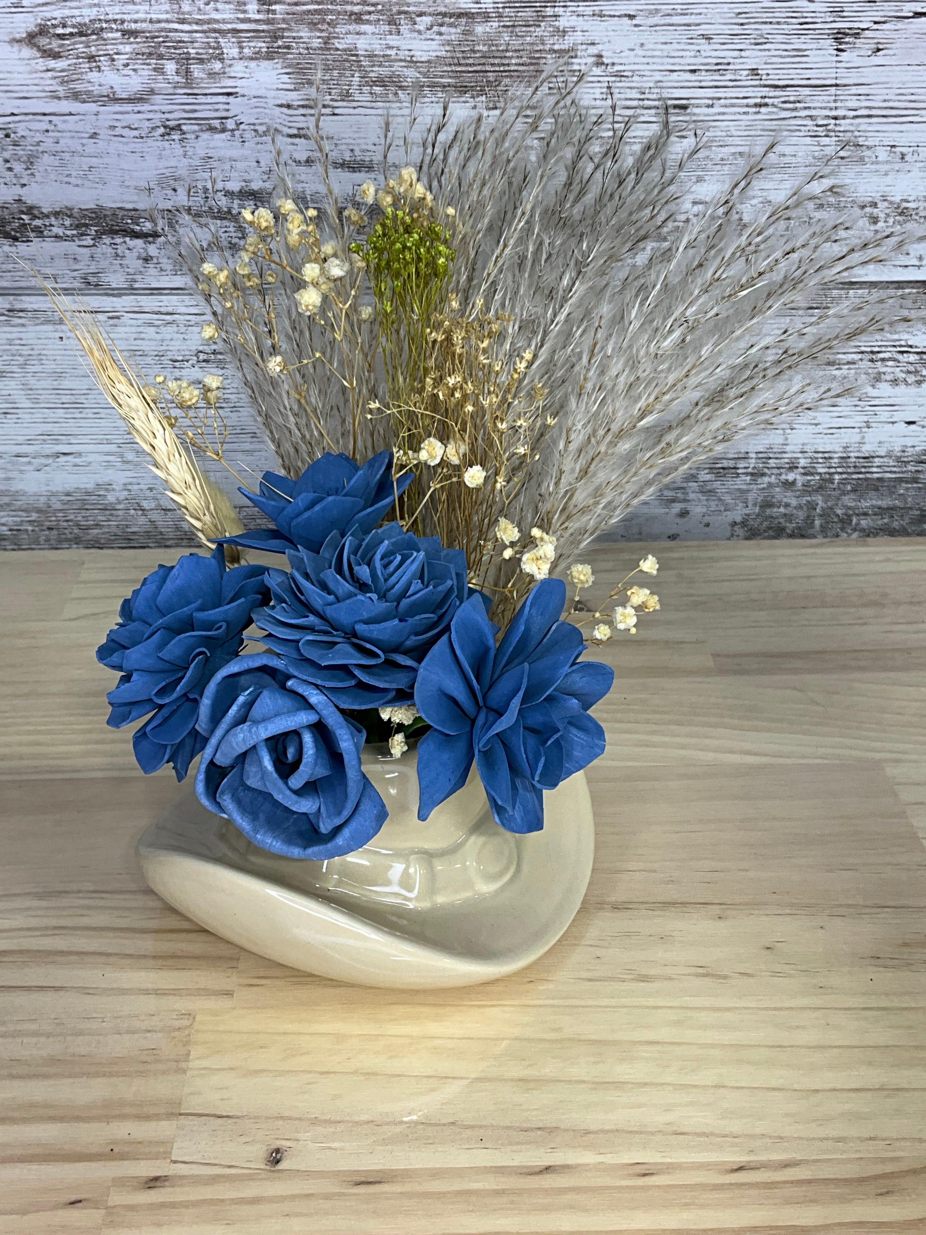 Cowboy Hat Vase Sola Wood Arrangement – Cobalt Blue & Dried Pampas