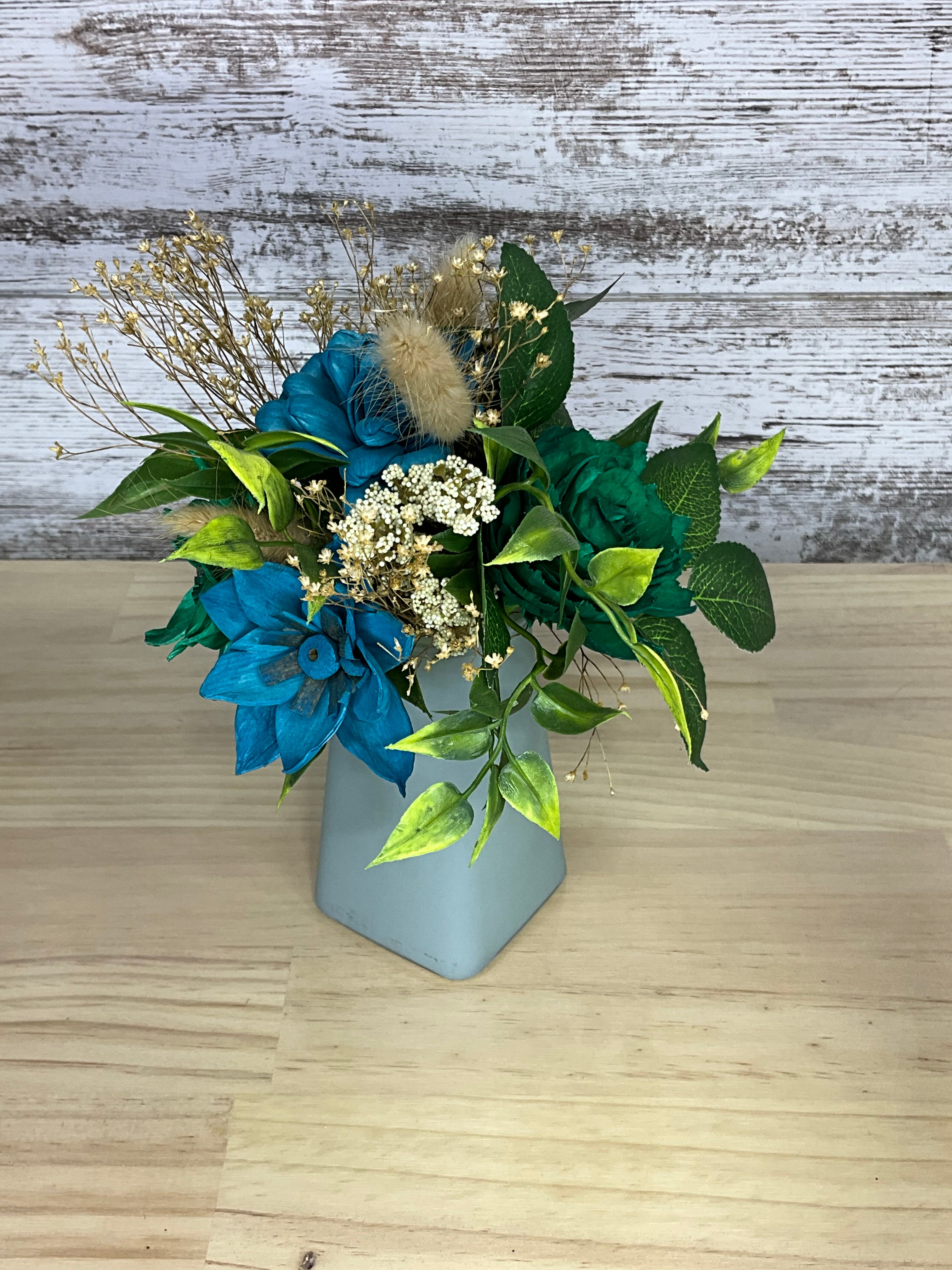 Matte Blue Vase with Teal & Cobalt Drop-In Sola Wood Bouquet