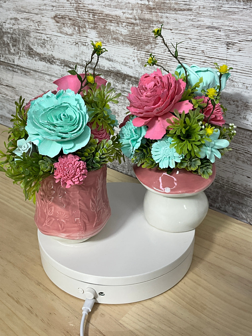 Pink & Mint Sola Wood Flower Duo | Gnome & Mushroom Ceramic Arrangement