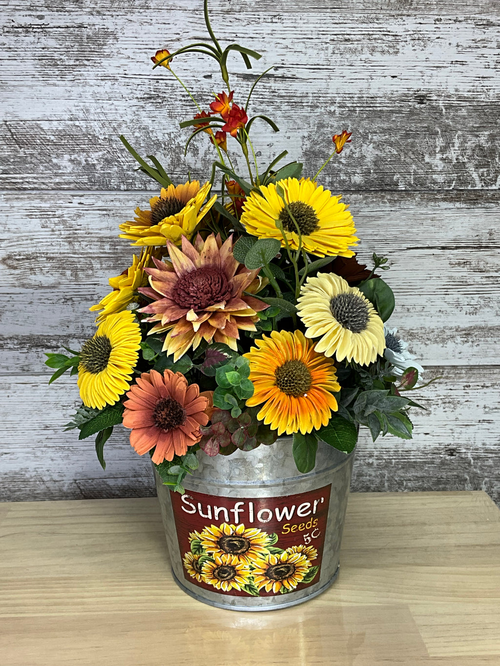 Sunflower Seeds Tin Sola Wood Arrangement – Sunflowers, Daisies & Fall Blooms