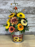 Sunflower Seeds Tin Sola Wood Arrangement – Sunflowers, Daisies & Fall Blooms