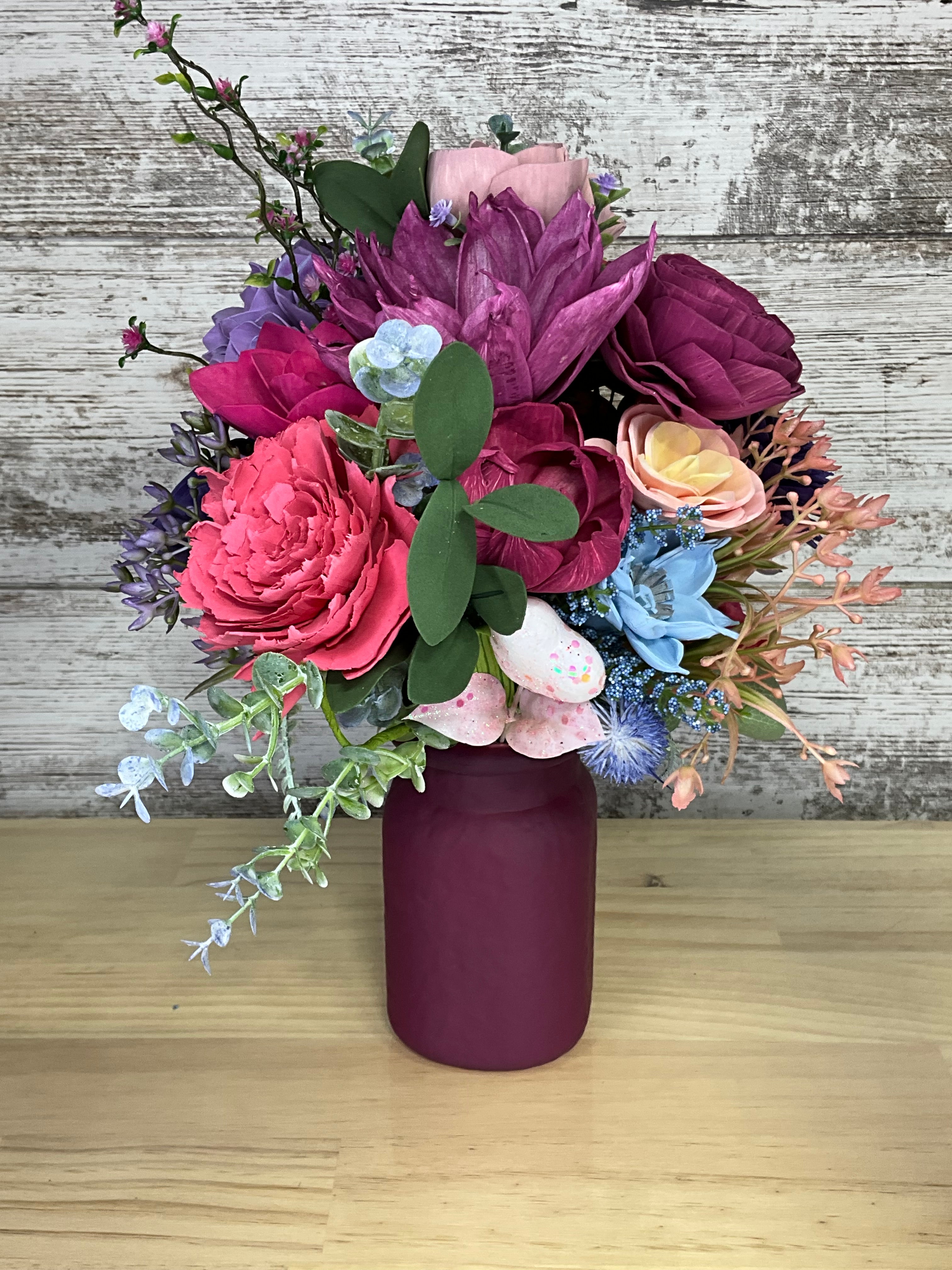 Frosted Wine Jar Drop-In Sola Wood Bouquet – Magenta, Purple, Lavender & Sky Blue