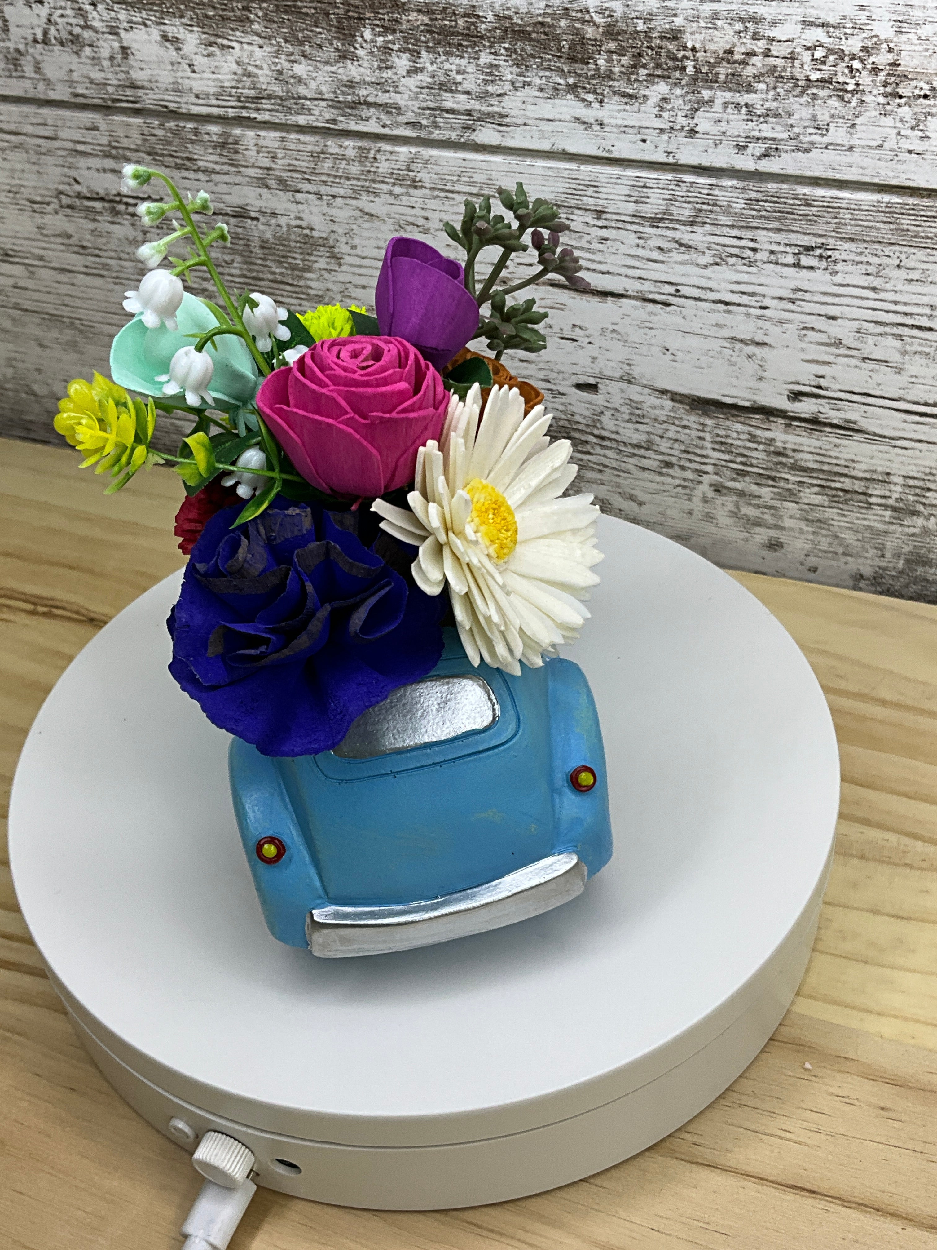 Boho Rainbow Sola Wood Flower Arrangement in Vintage VW Beetle Vase