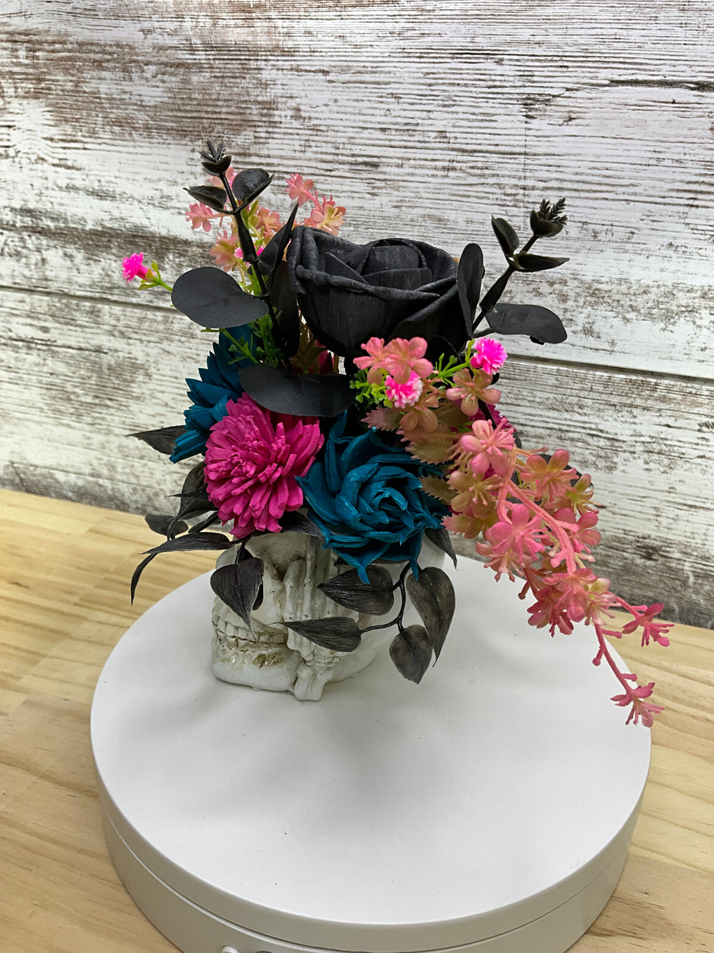 Gothic Halloween Skull Sola Wood Flower Arrangement – Teal & Magenta