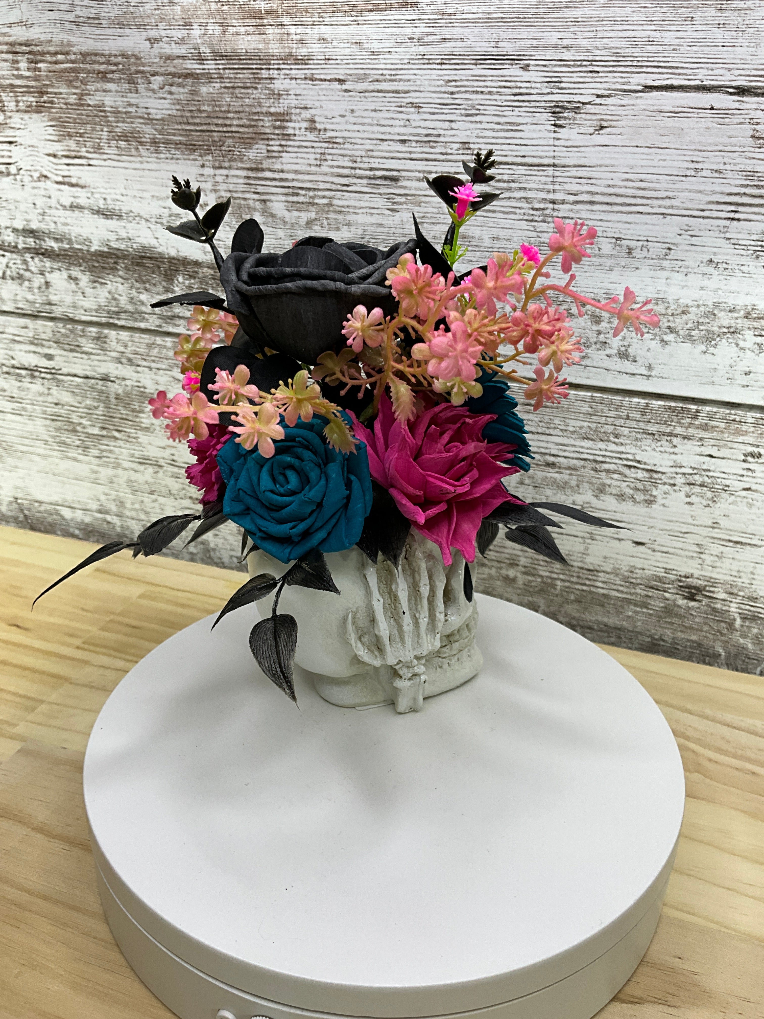 Gothic Halloween Skull Sola Wood Flower Arrangement – Teal & Magenta
