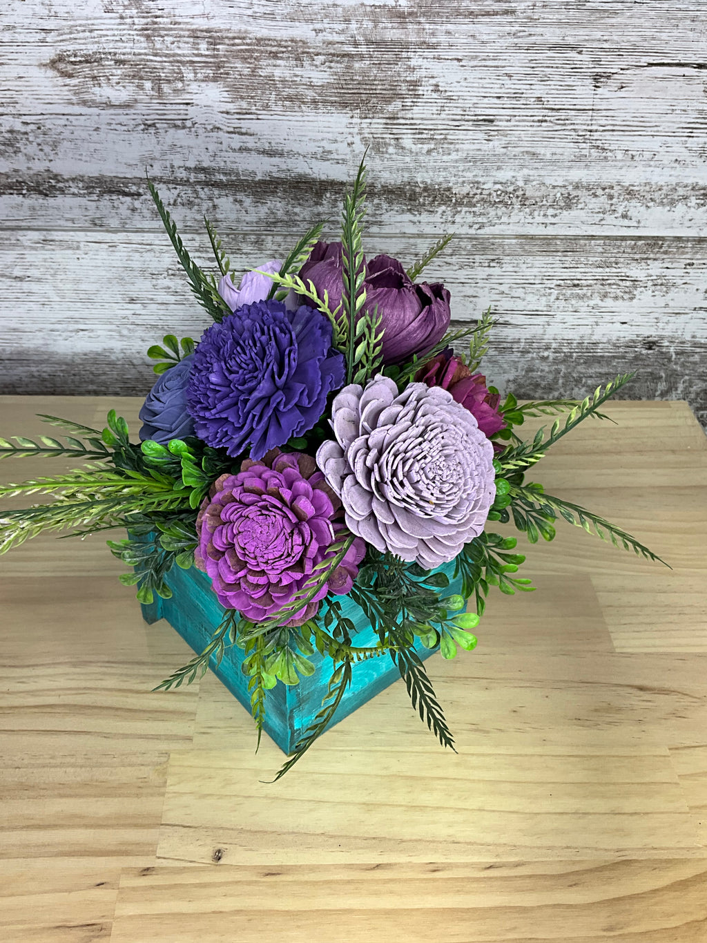 Distressed Teal Drawer Box Sola Wood Arrangement – Purple, Lavender & Plum