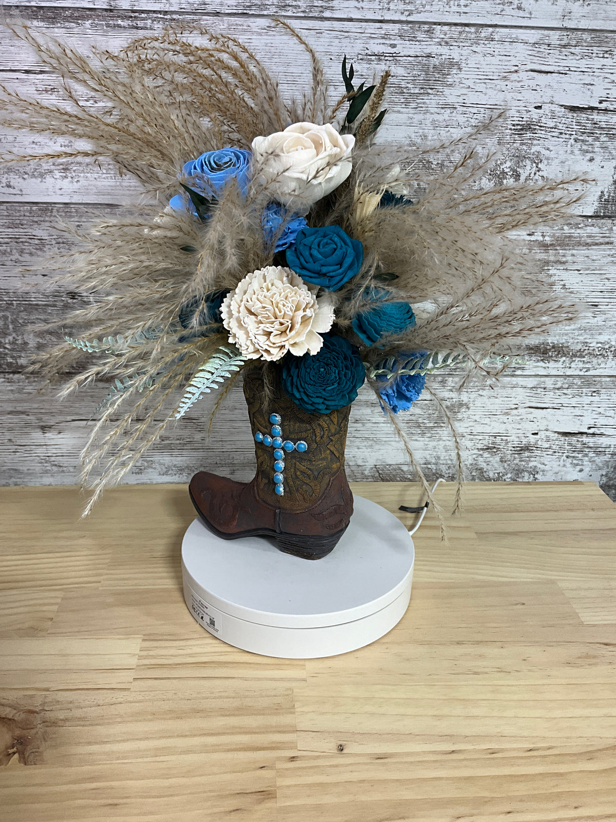 Prairie Charm Cowboy Boot Wood Flower & Pampas Arrangement