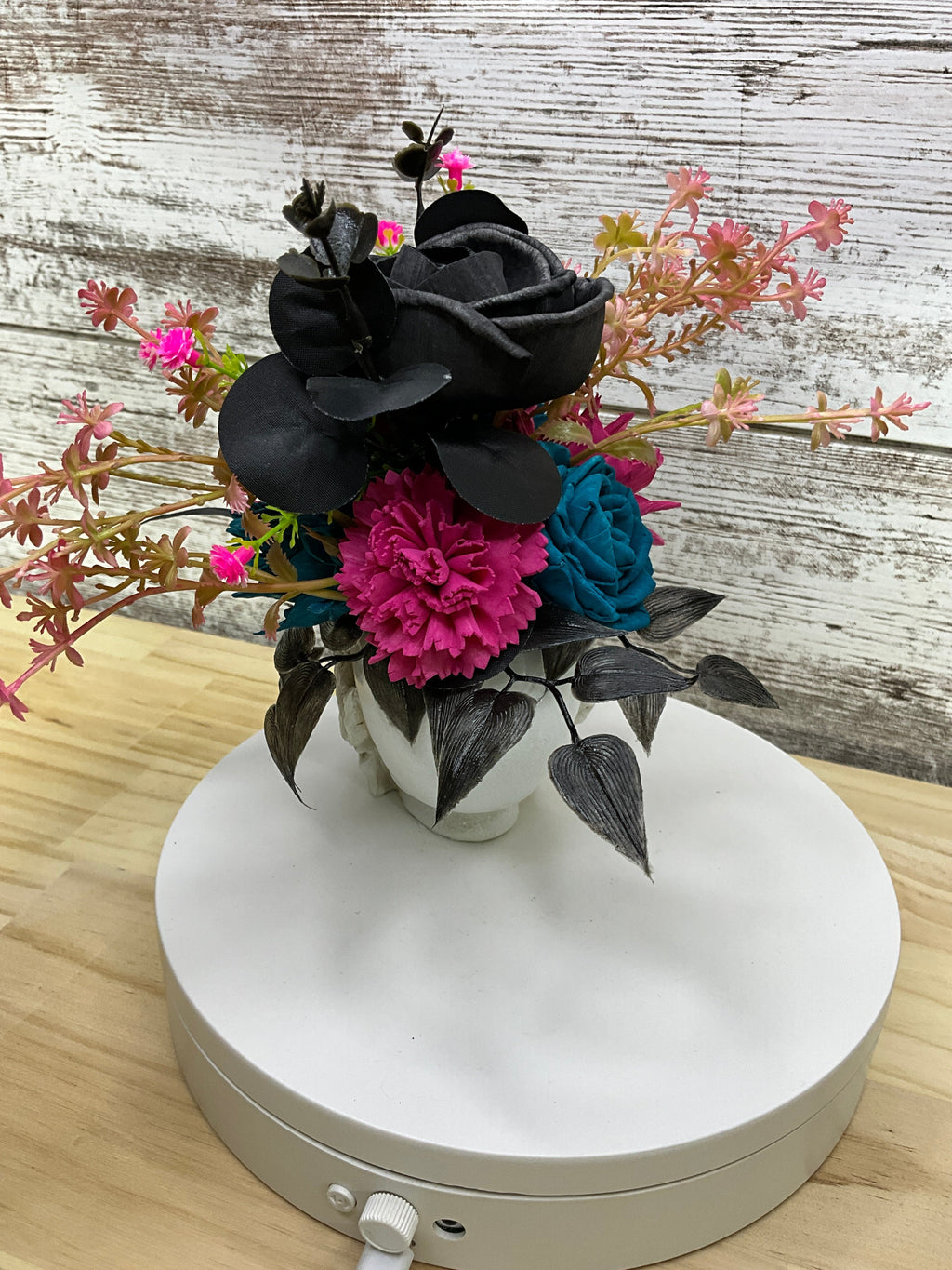 Gothic Halloween Skull Sola Wood Flower Arrangement – Teal & Magenta