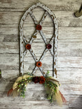 Distressed Arch Window Frame Wall Decor with Burnt Orange Sola Flowers & Pampas Swag