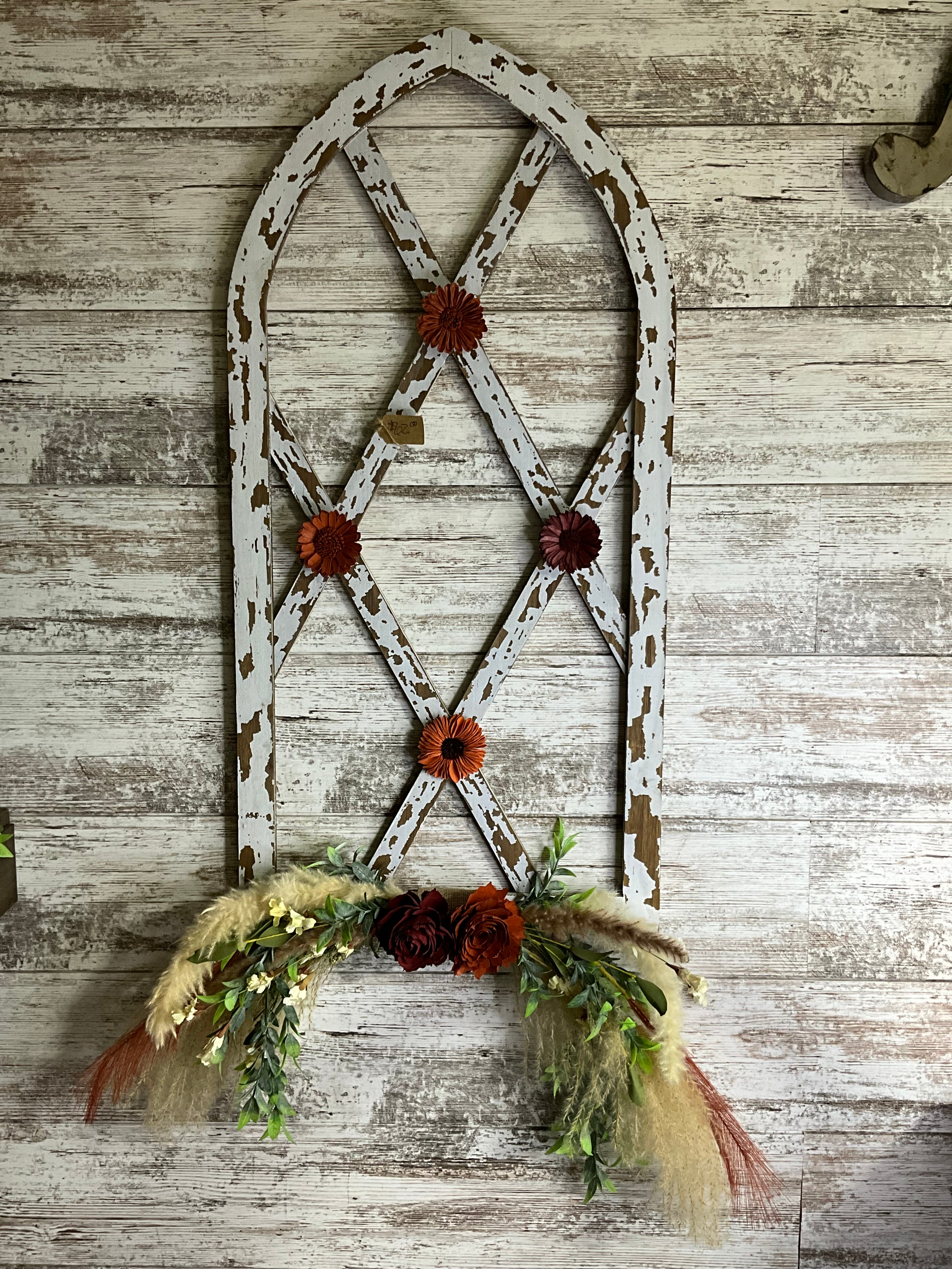 Distressed Arch Window Frame Wall Decor with Burnt Orange Sola Flowers & Pampas Swag