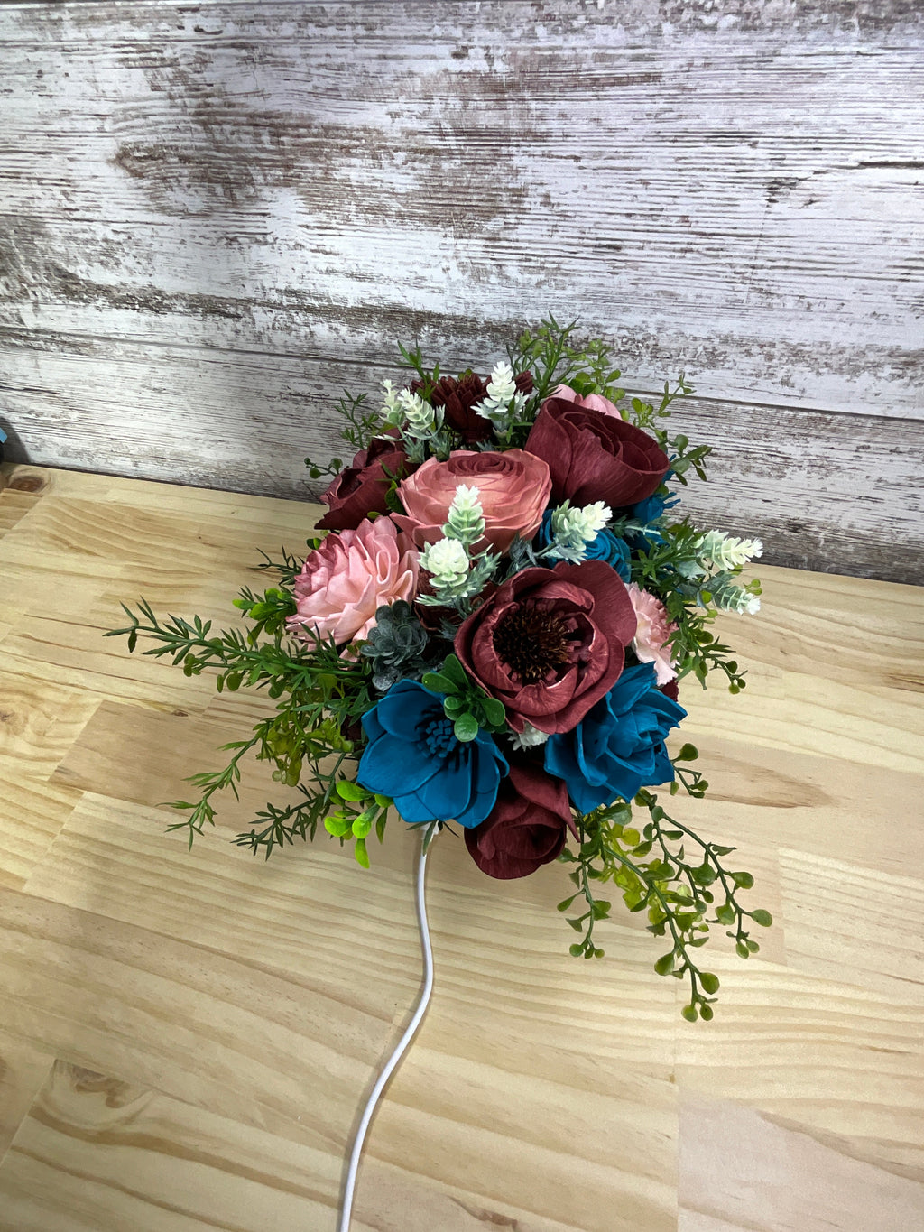 Teal & Burgundy Sola Wood Flower Arrangement in Wooden Dough Bowl