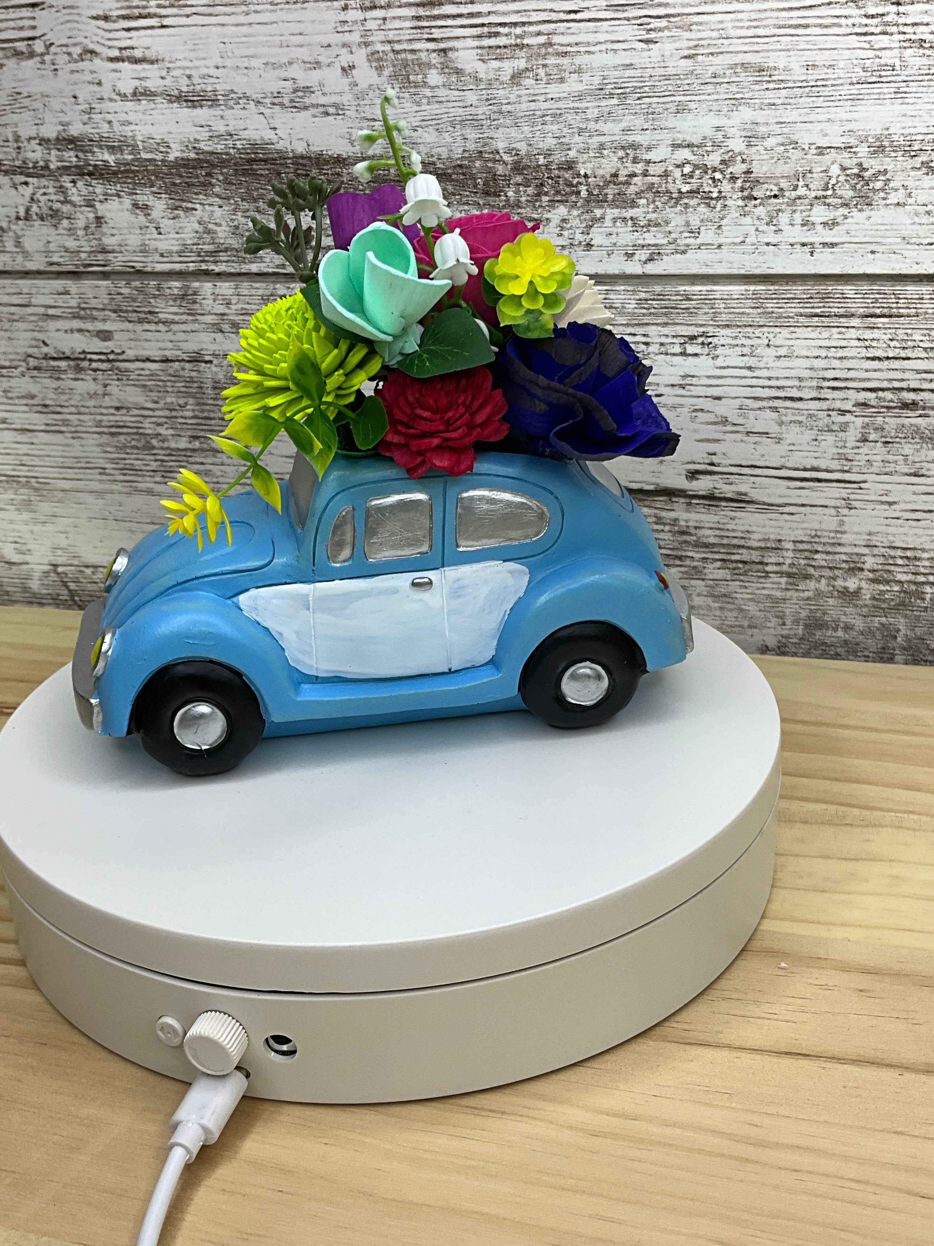 Boho Rainbow Sola Wood Flower Arrangement in Vintage VW Beetle Vase