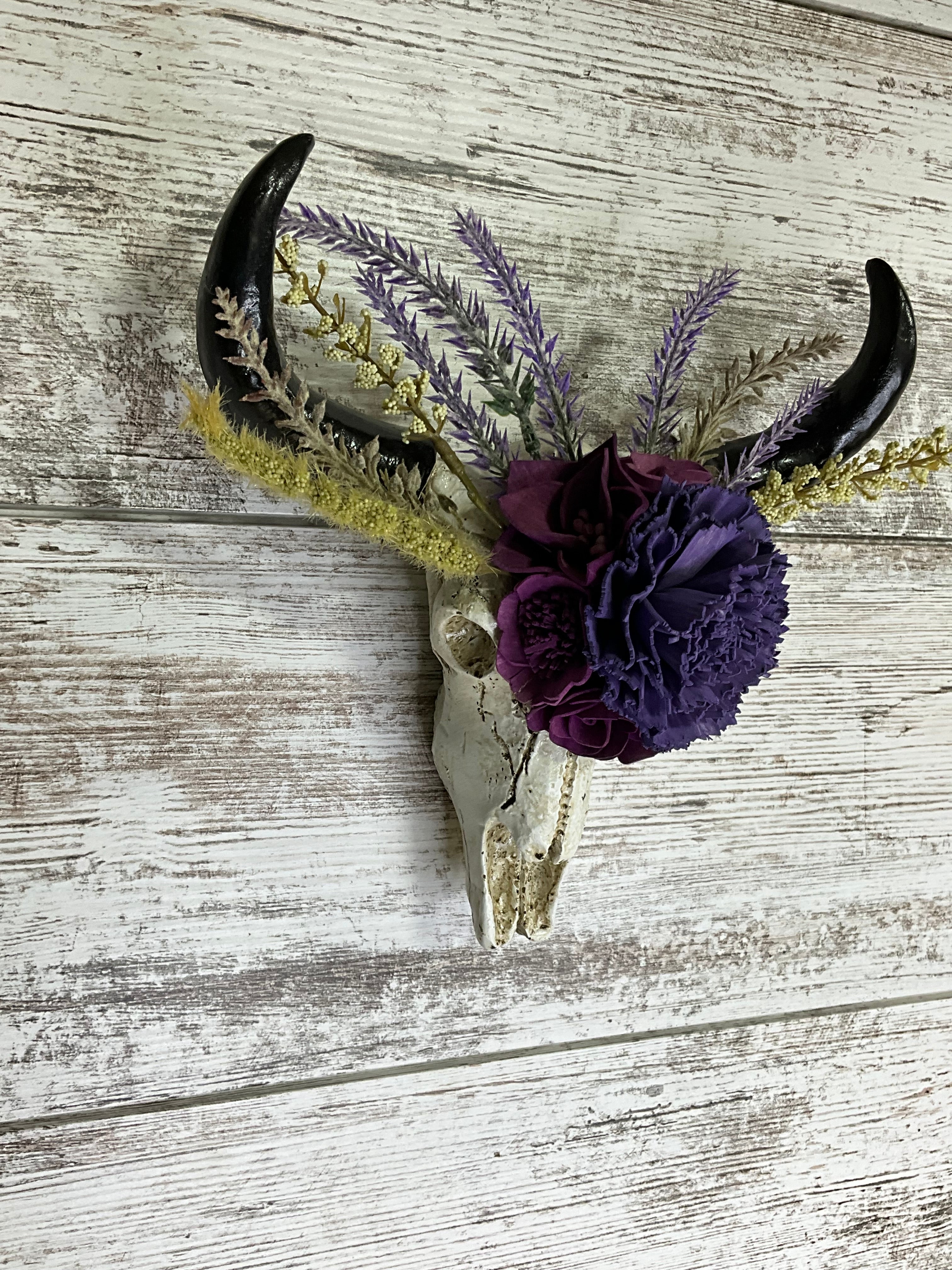 Bull Skull Wall Mount Sola Wood Arrangement – Purple & Lavender Boho