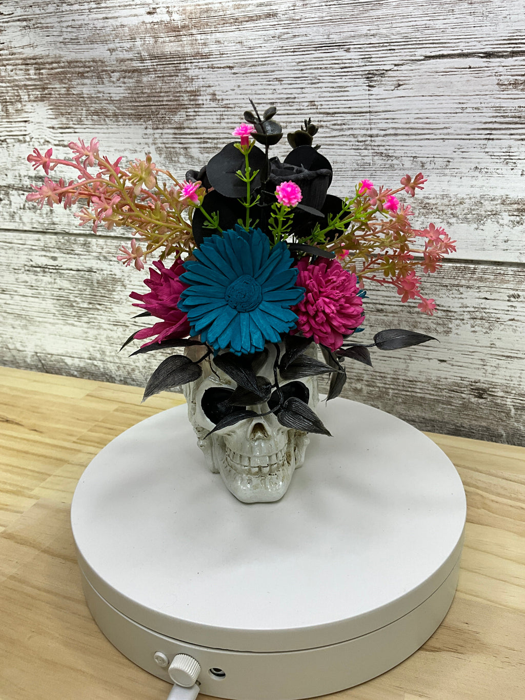 Gothic Halloween Skull Sola Wood Flower Arrangement – Teal & Magenta