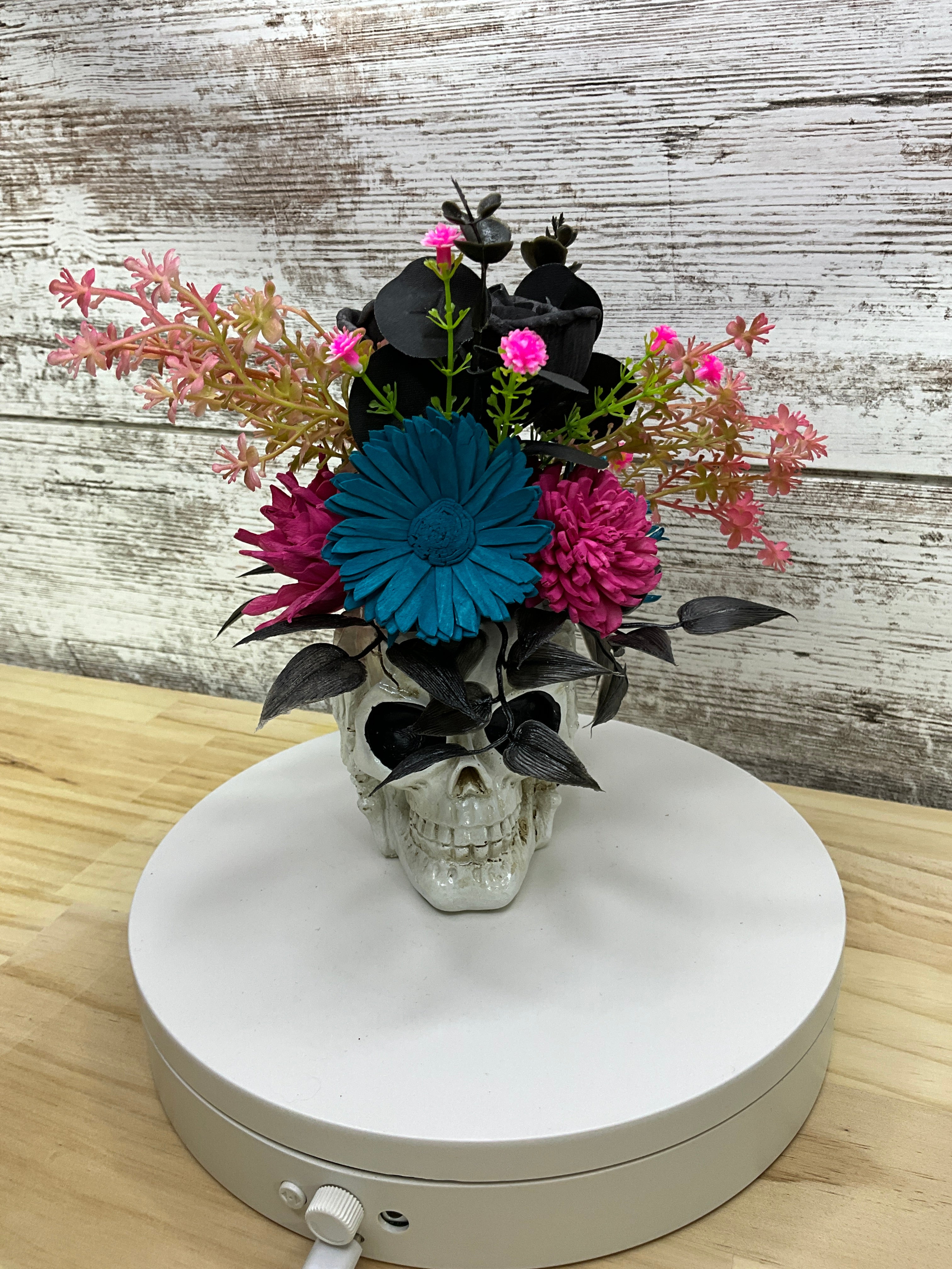Gothic Halloween Skull Sola Wood Flower Arrangement – Teal & Magenta