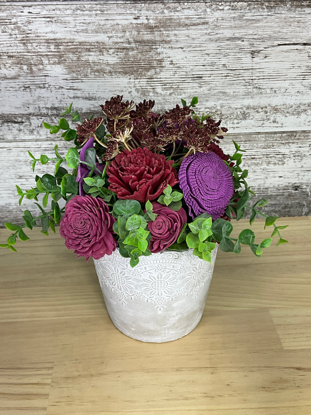 White Embossed Lace Pot Sola Wood Arrangement – Burgundy, Plum & Purple