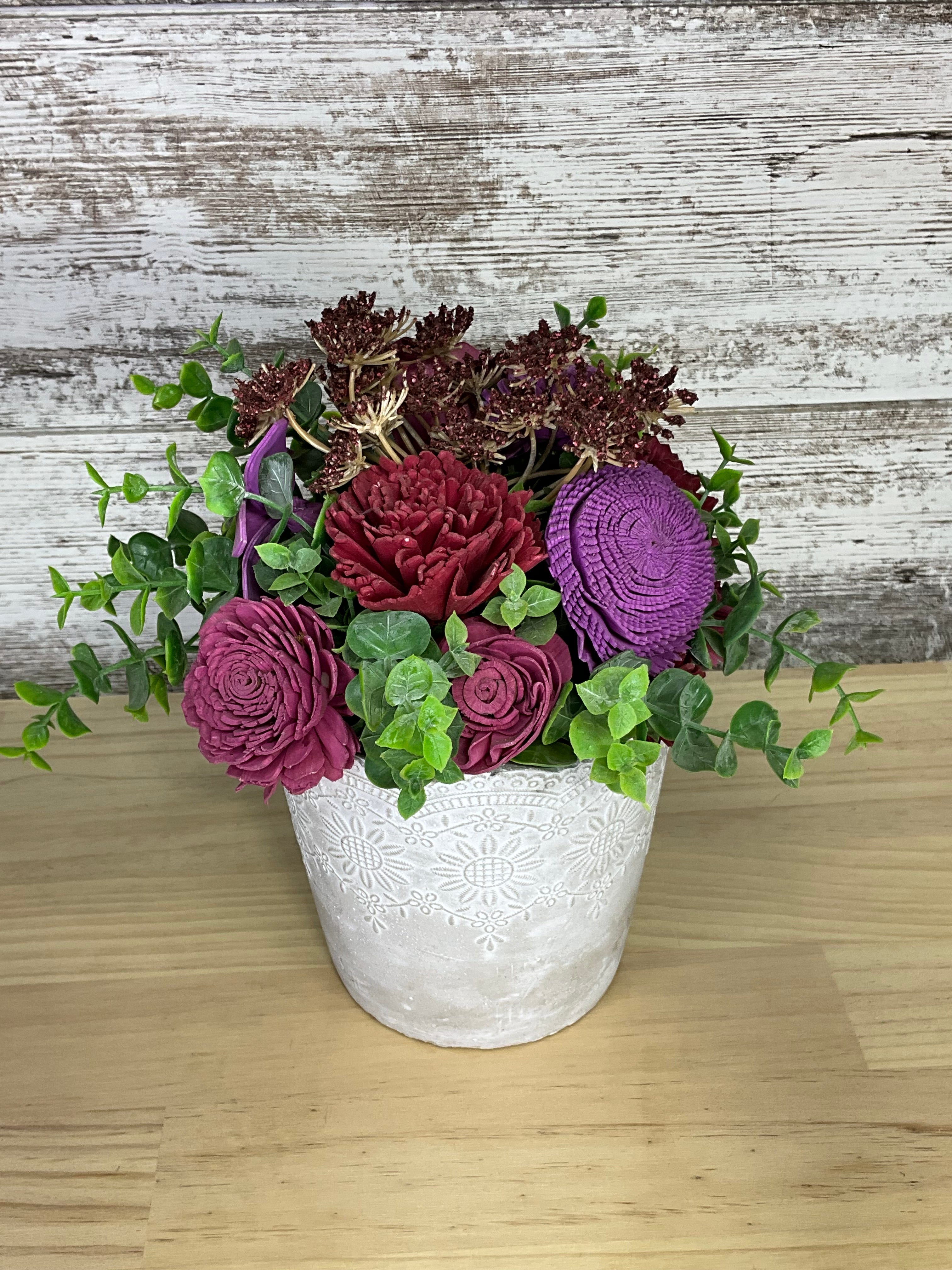 White Embossed Lace Pot Sola Wood Arrangement – Burgundy, Plum & Purple