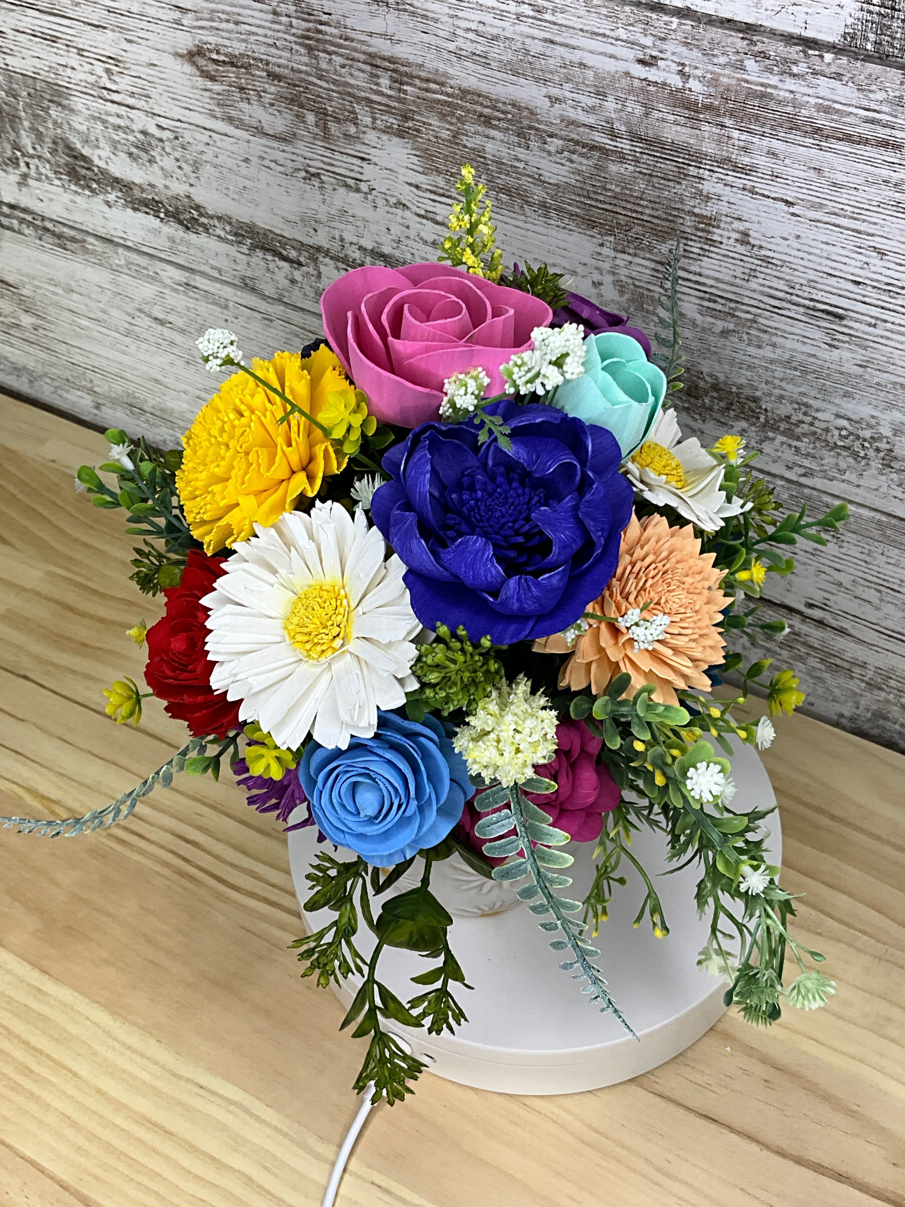 Rainbow Wildflower Sola Wood Flower Arrangement in Daisy Ceramic Pot