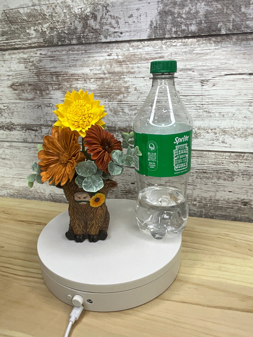 Sunflower & Mum Sola Wood Flower Arrangement in Highland Cow Vase