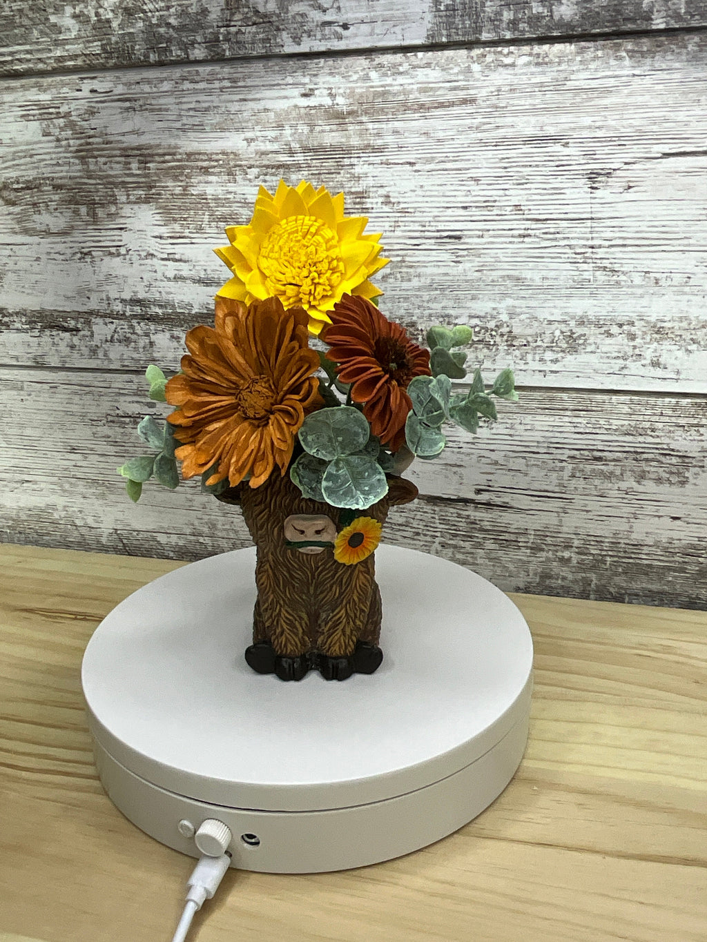Sunflower & Mum Sola Wood Flower Arrangement in Highland Cow Vase
