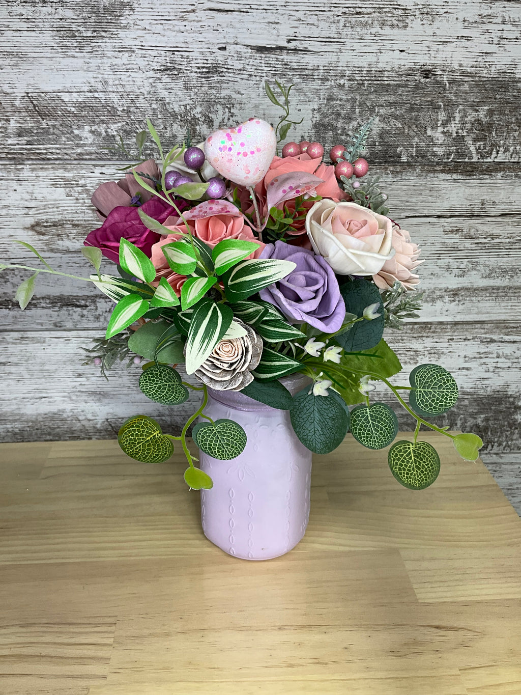 Lavender Pot Sola Wood Rose Arrangement – Magenta, Blush, Mauve & Purple