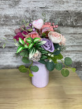 Lavender Pot Sola Wood Rose Arrangement – Magenta, Blush, Mauve & Purple