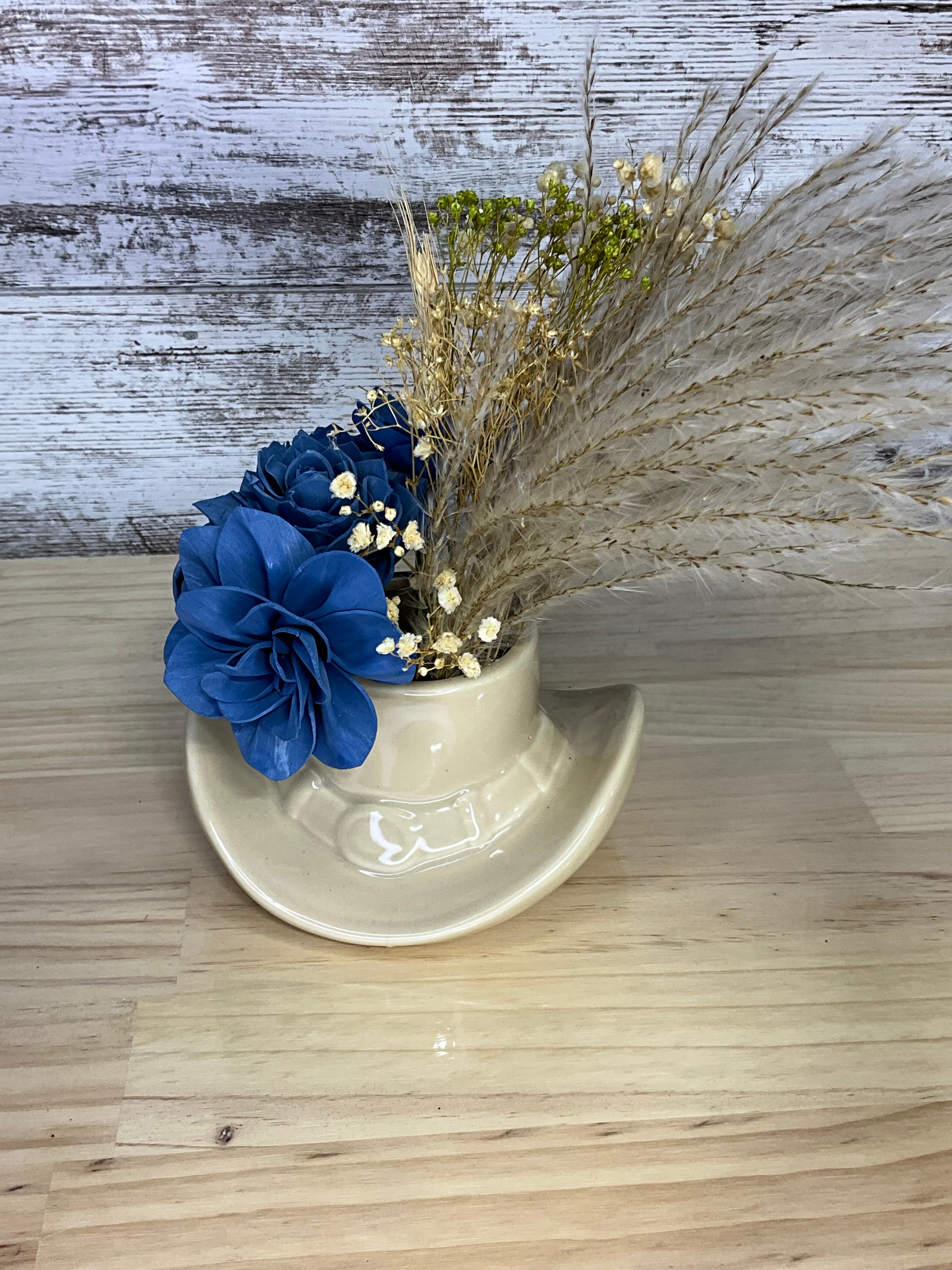 Cowboy Hat Vase Sola Wood Arrangement – Cobalt Blue & Dried Pampas