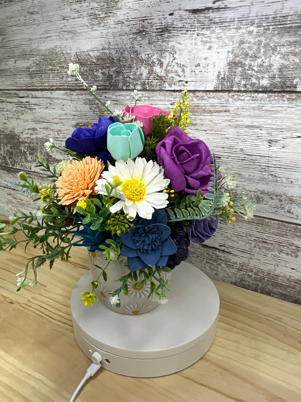 Rainbow Wildflower Sola Wood Flower Arrangement in Daisy Ceramic Pot