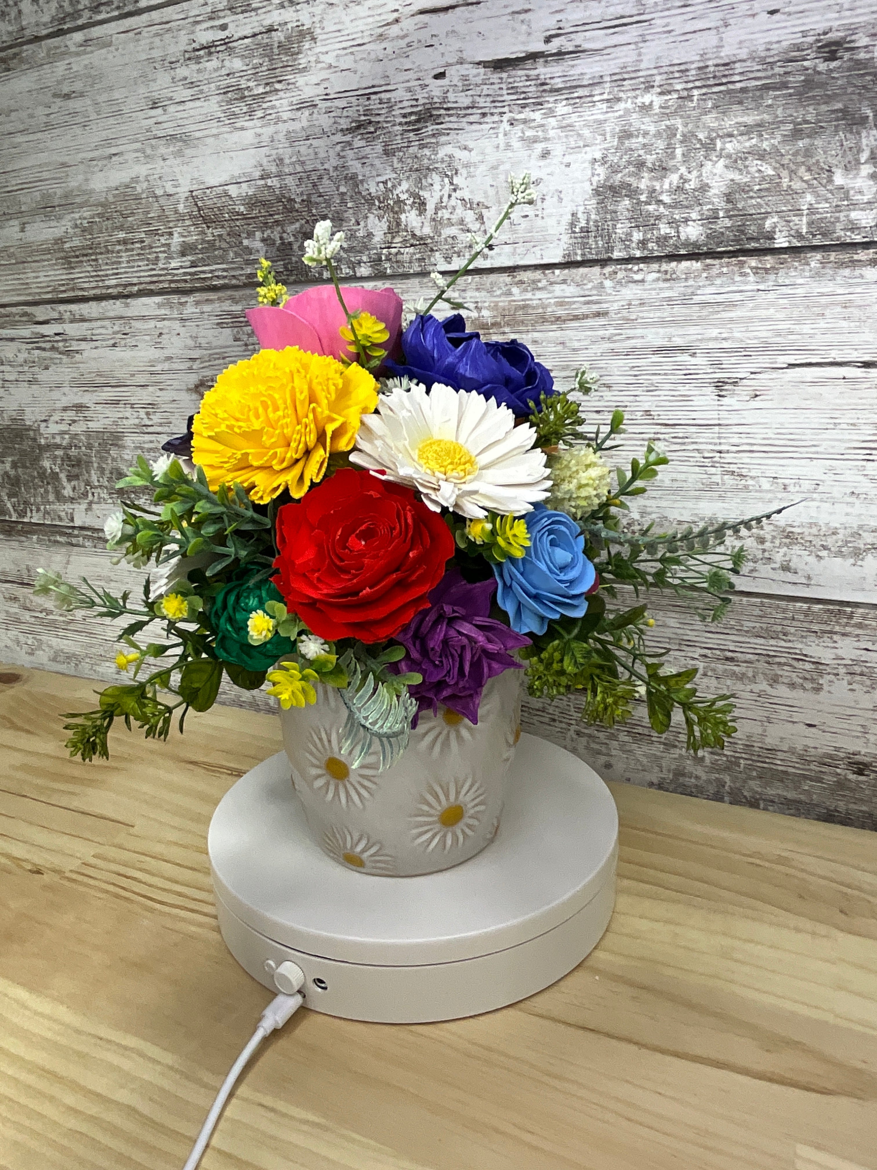 Rainbow Wildflower Sola Wood Flower Arrangement in Daisy Ceramic Pot