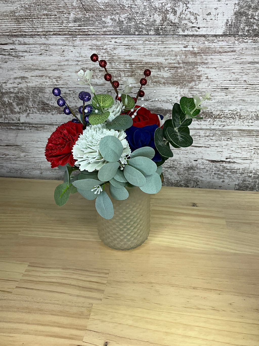 Patriotic Red, White & Blue Drop-In Sola Wood Bouquet – Hobnail Frosted Jar