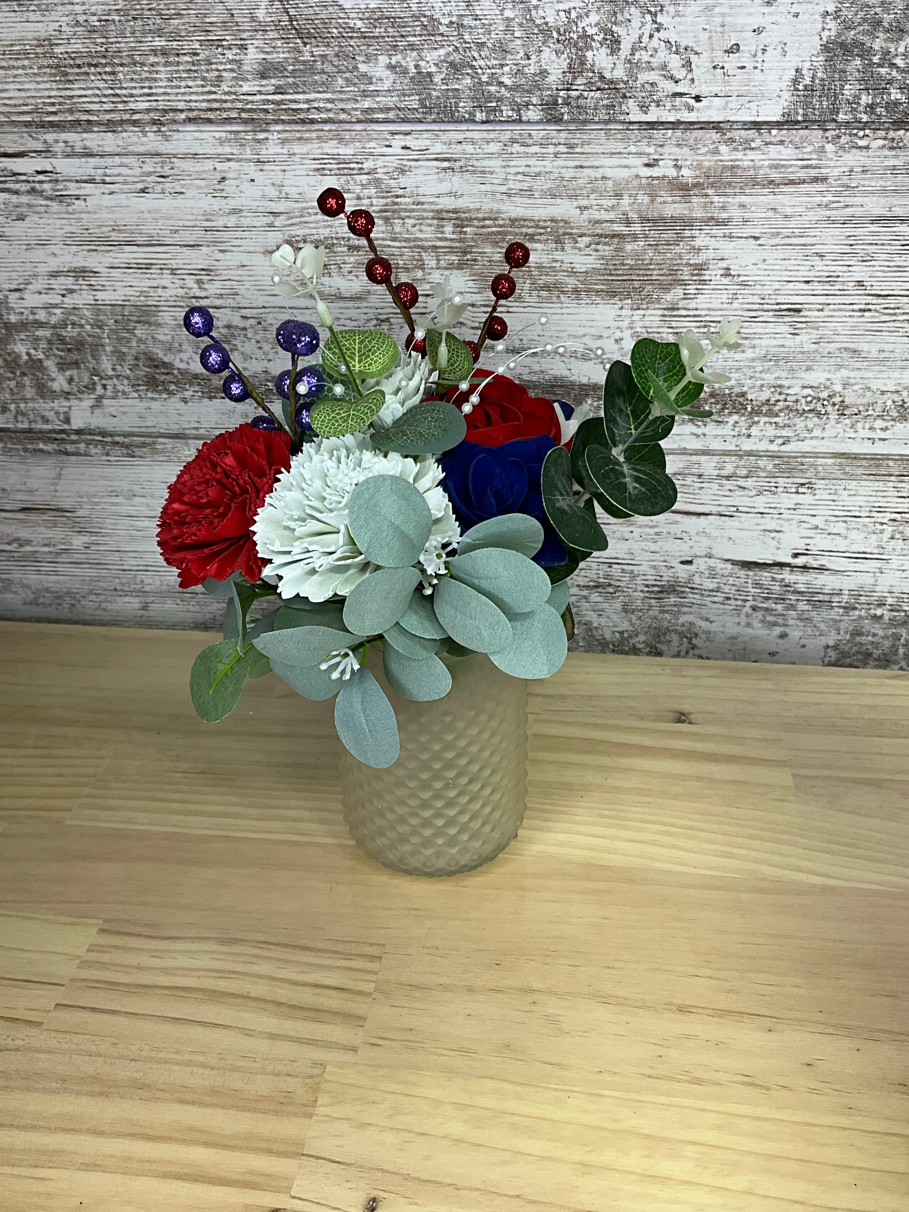 Patriotic Red, White & Blue Drop-In Sola Wood Bouquet – Hobnail Frosted Jar