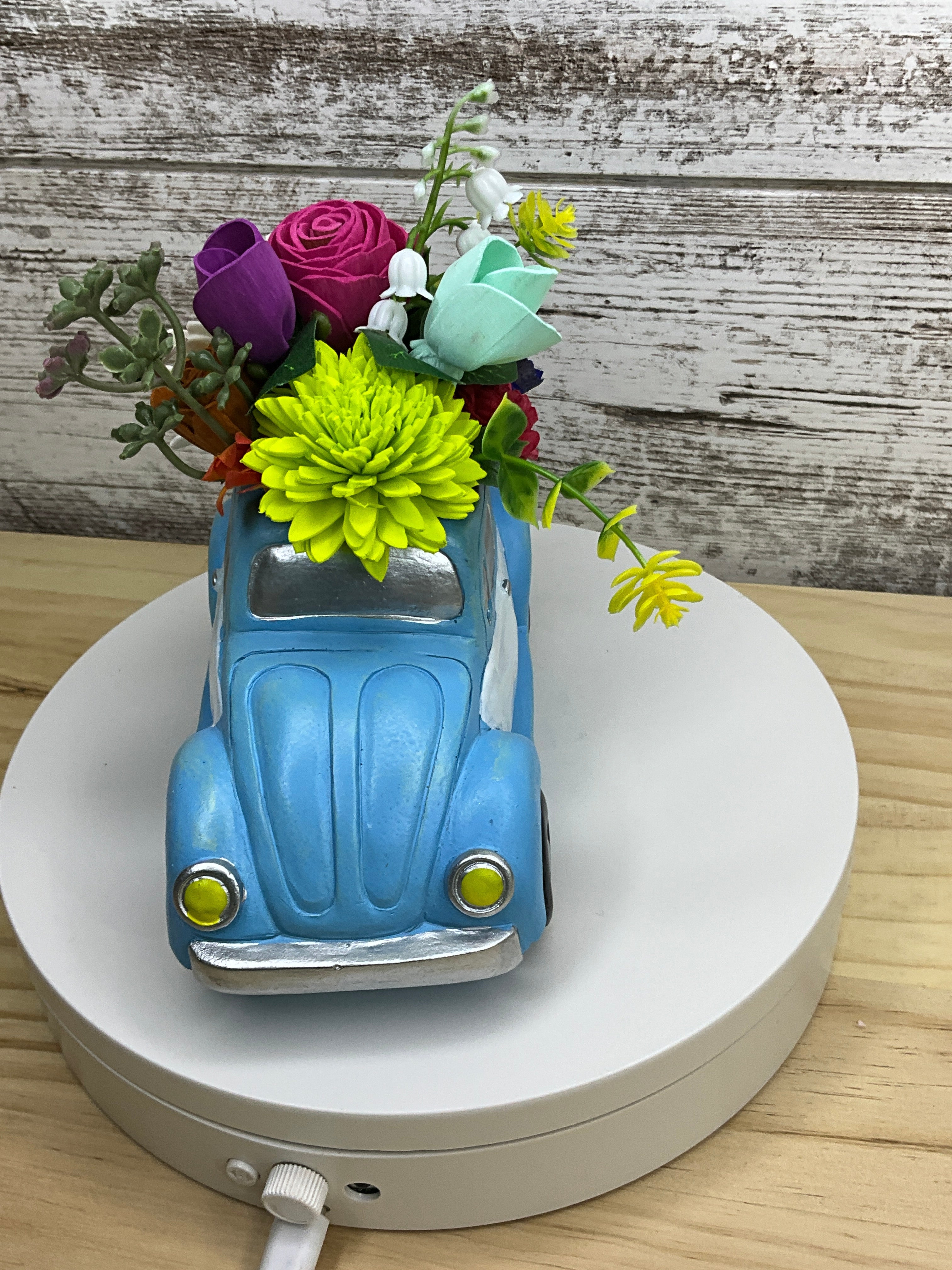 Boho Rainbow Sola Wood Flower Arrangement in Vintage VW Beetle Vase