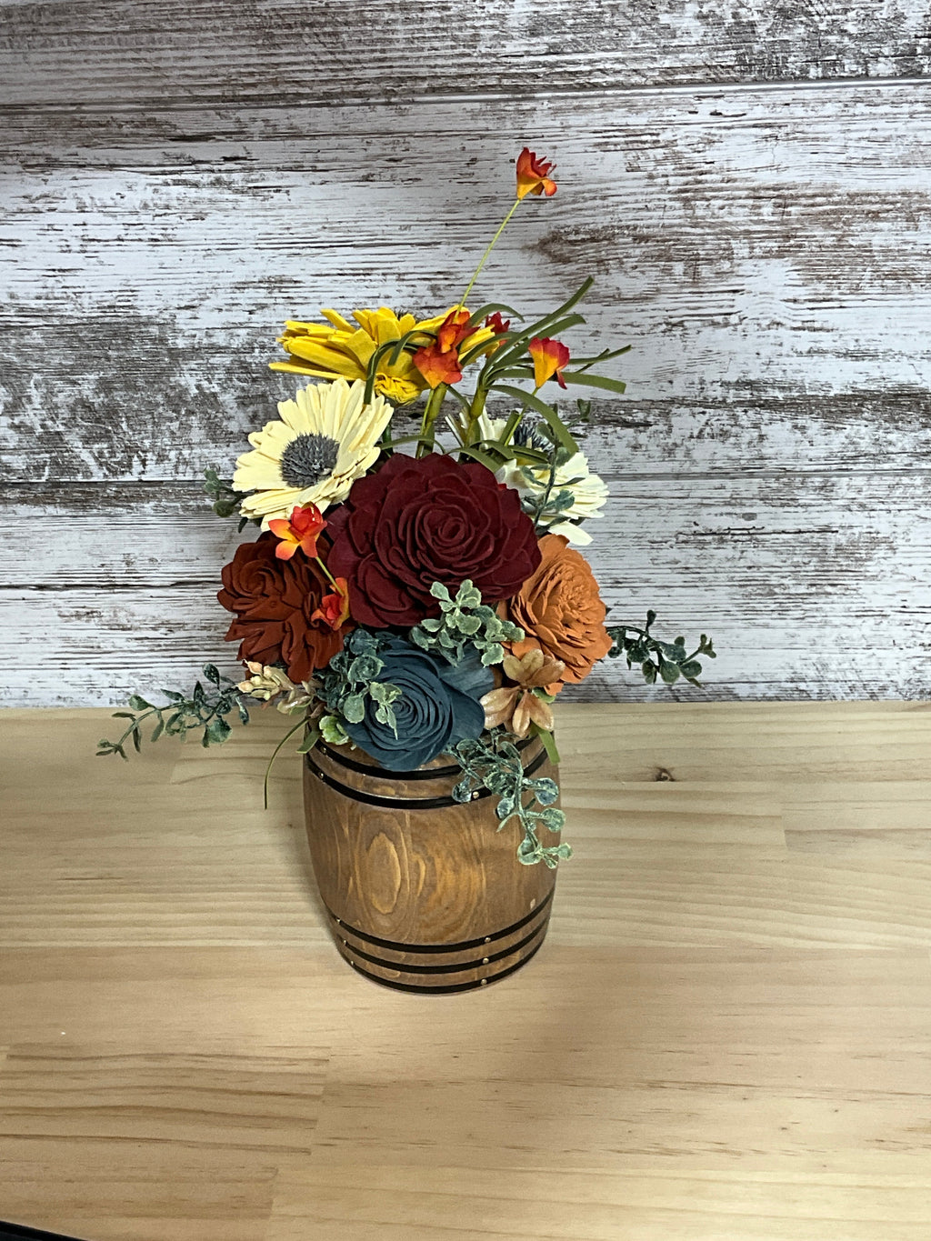 Barrel of Autumn Sunshine | Sola Wood Flower Arrangement