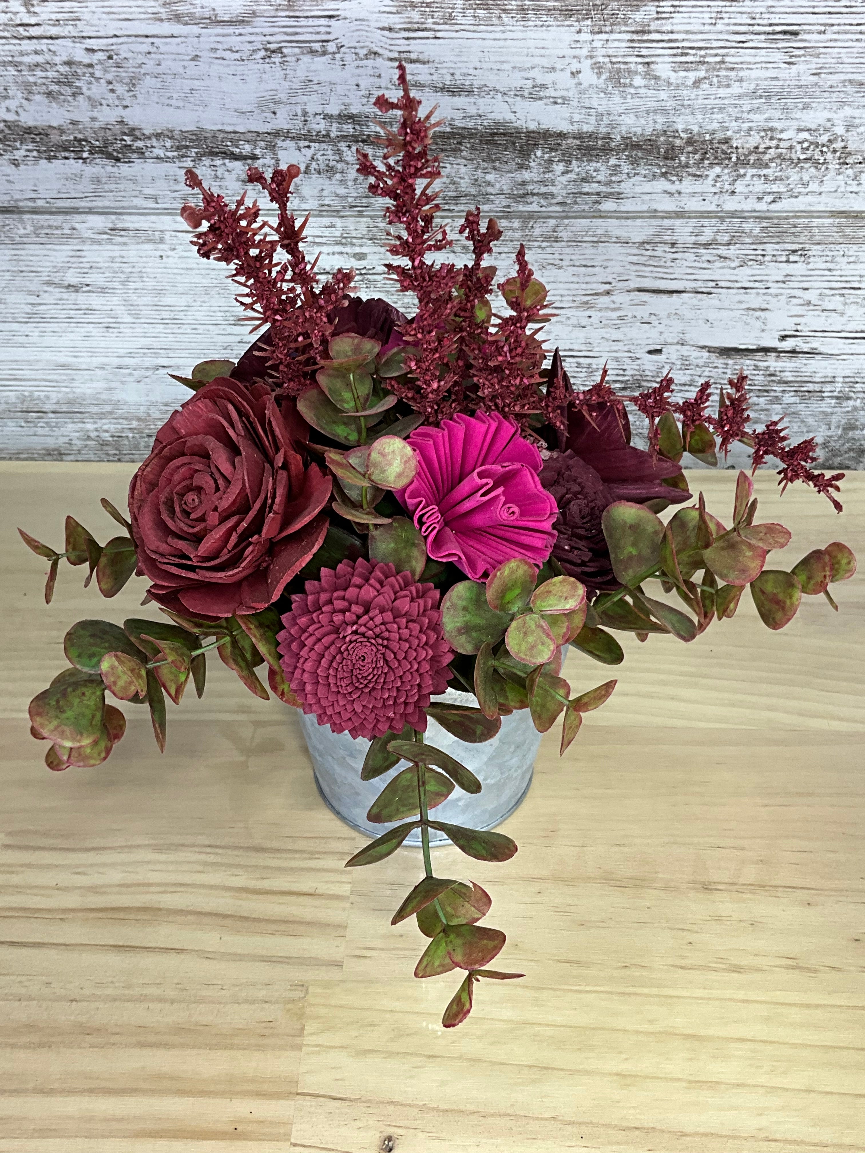 Home Sweet Home Galvanized Bucket Sola Wood Arrangement – Burgundy, Magenta & Hot Pink