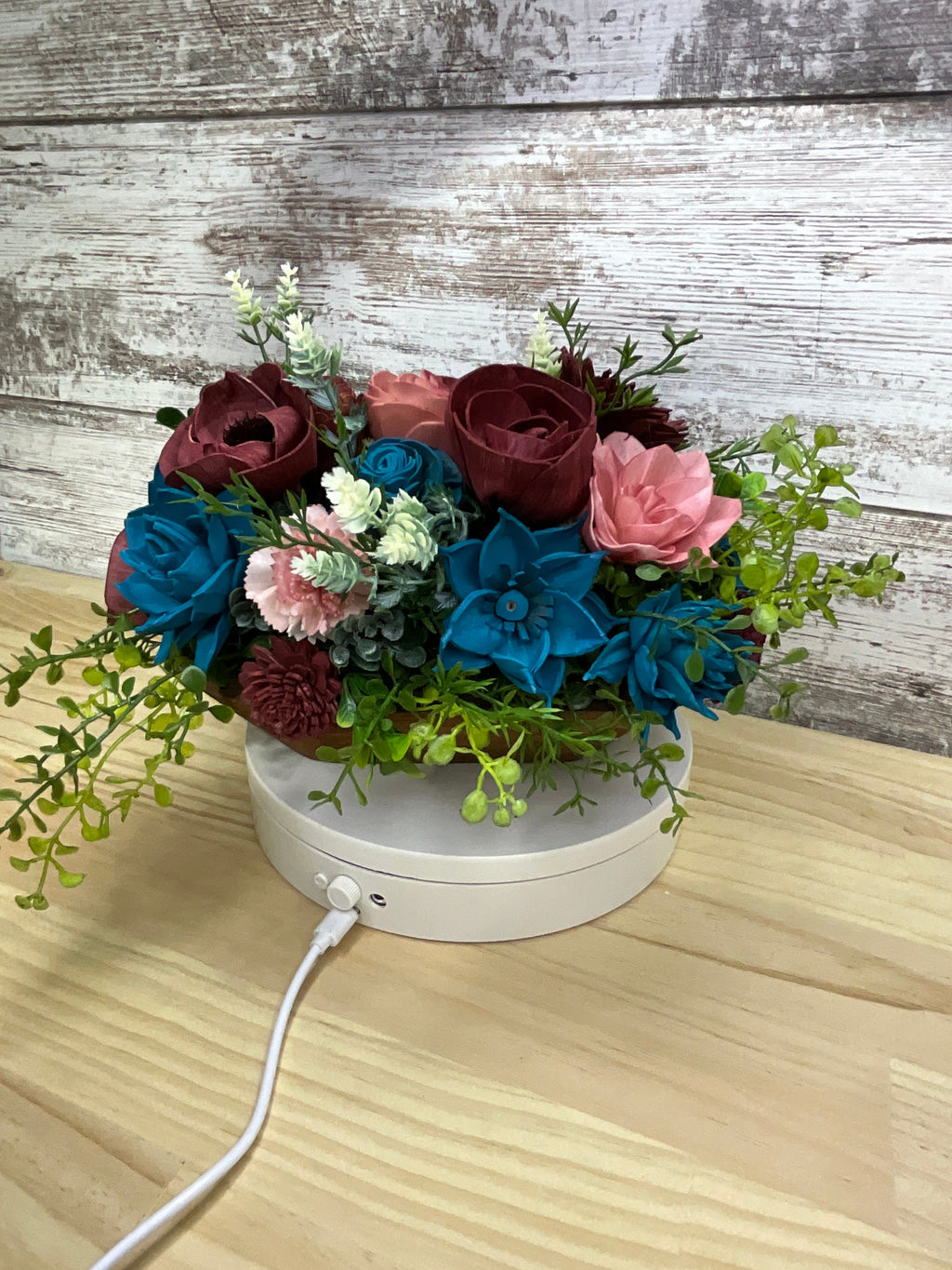 Teal & Burgundy Sola Wood Flower Arrangement in Wooden Dough Bowl