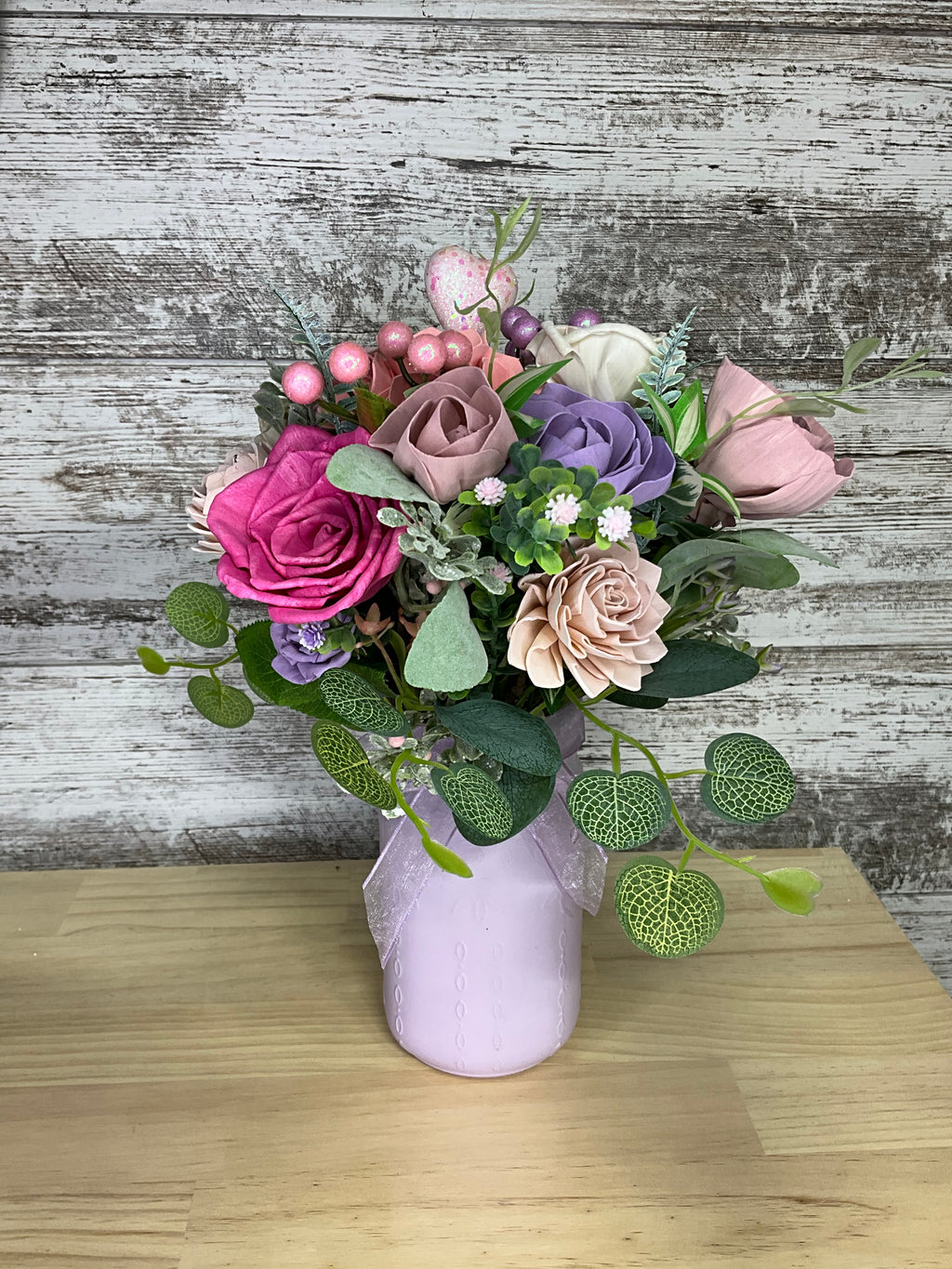 Lavender Pot Sola Wood Rose Arrangement – Magenta, Blush, Mauve & Purple
