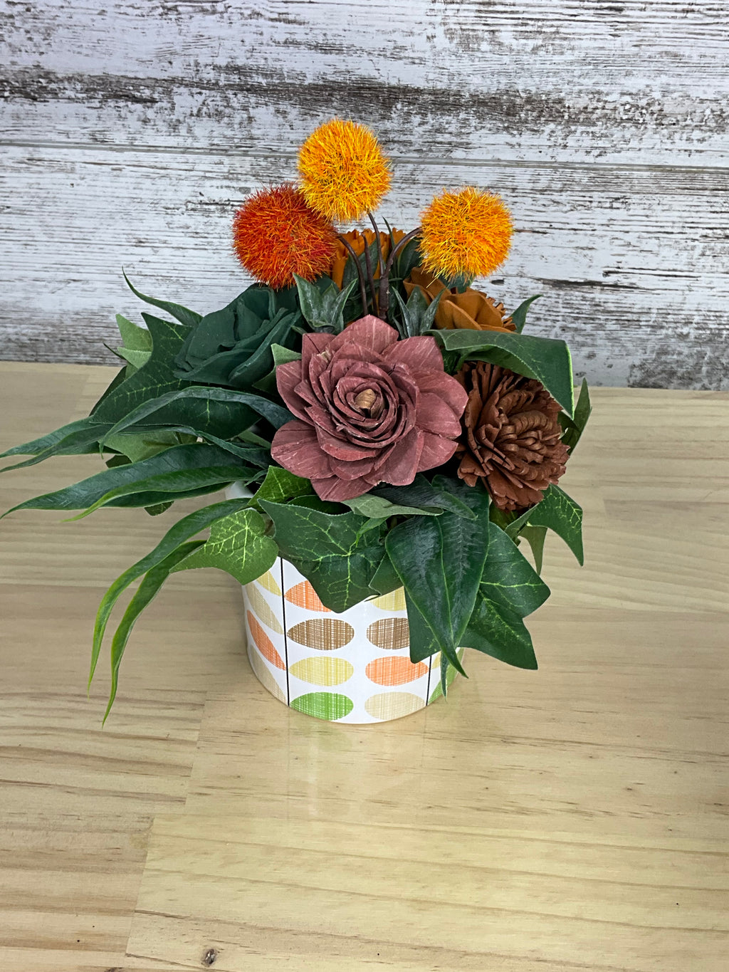 Retro Polka Dot Box Sola Wood Arrangement – Orange Pom Poms, Mauve & Mocha