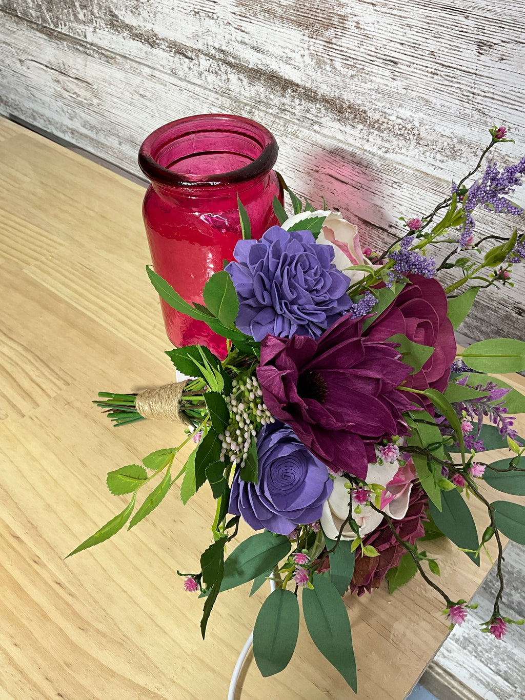 Berry Bliss Sola Wood Flower Arrangement in Red Glass Vase