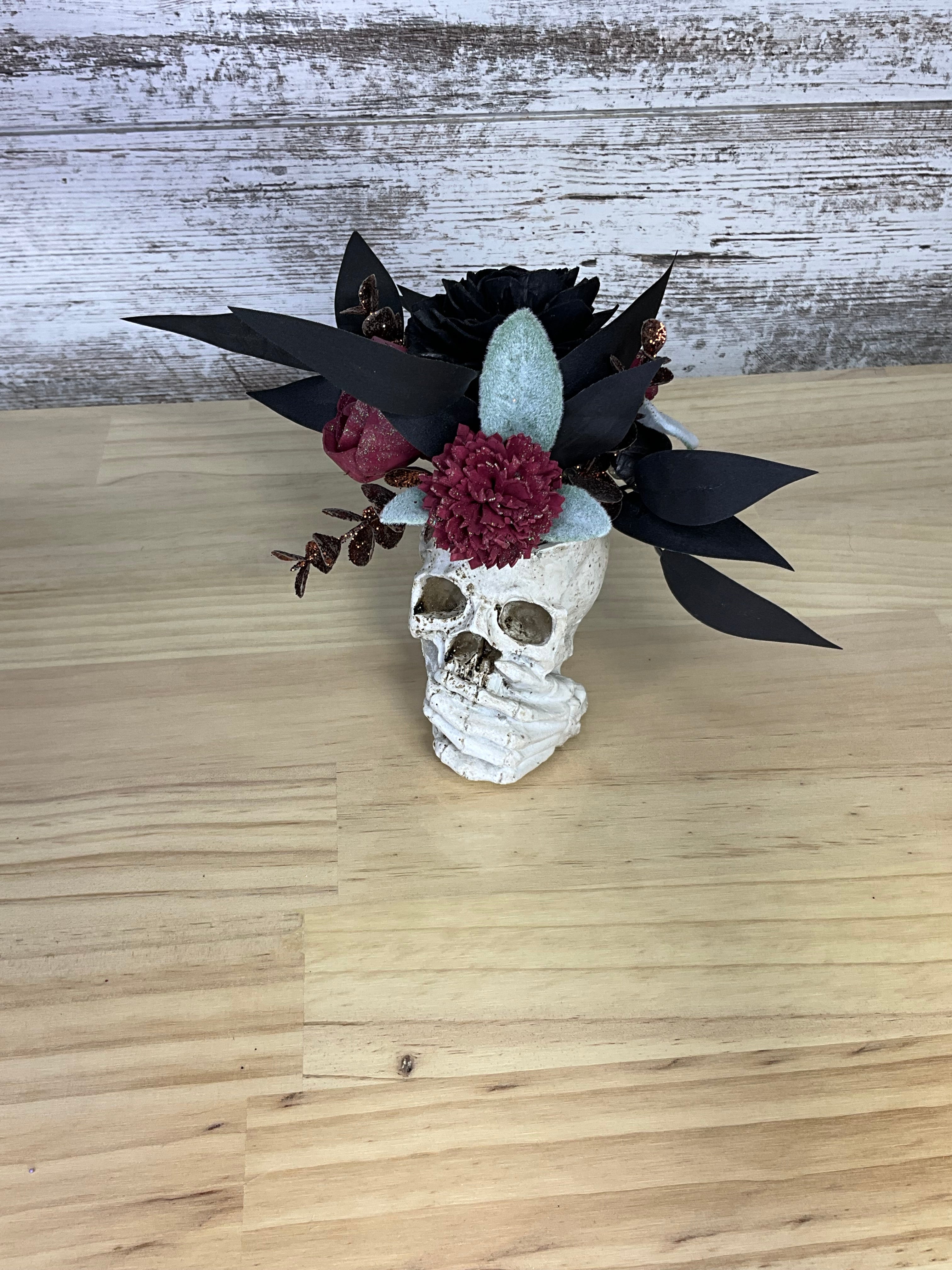 Skull Vase Sola Wood Flower Arrangement – Gothic Black & Burgundy