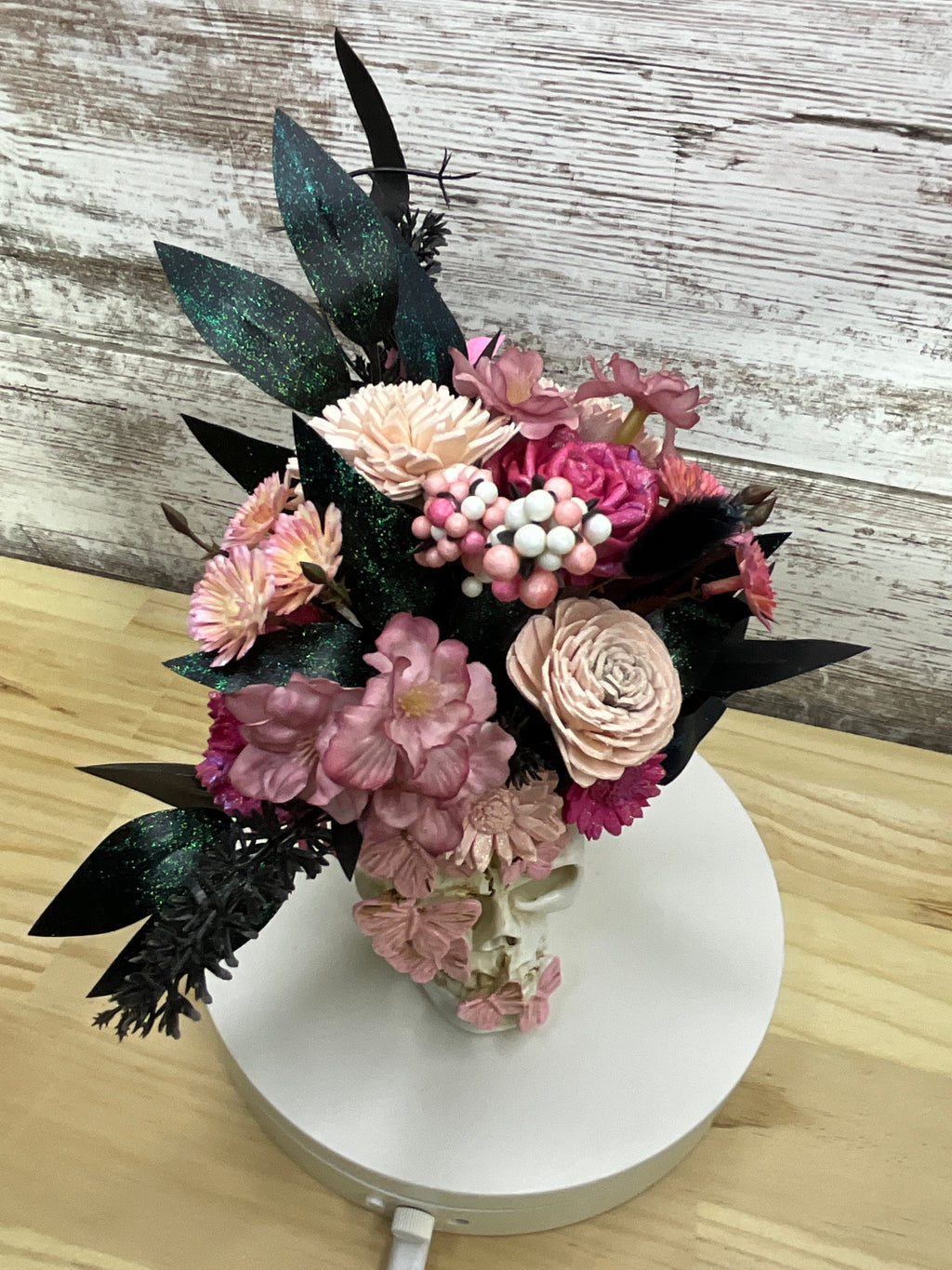 Gothic Halloween Butterfly Skull Sola Wood Flower Arrangement – Blush & Mauve