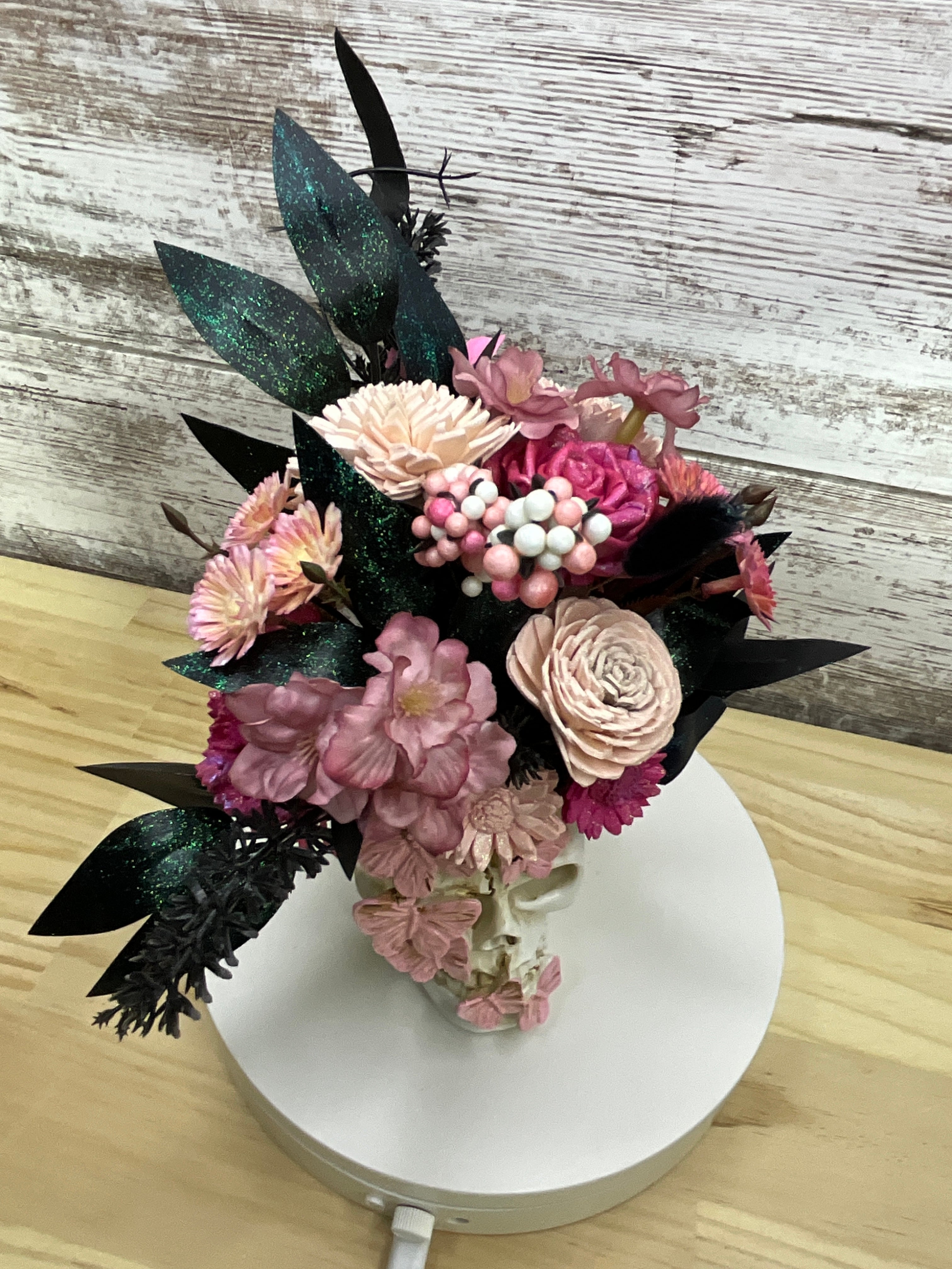 Gothic Halloween Butterfly Skull Sola Wood Flower Arrangement – Blush & Mauve