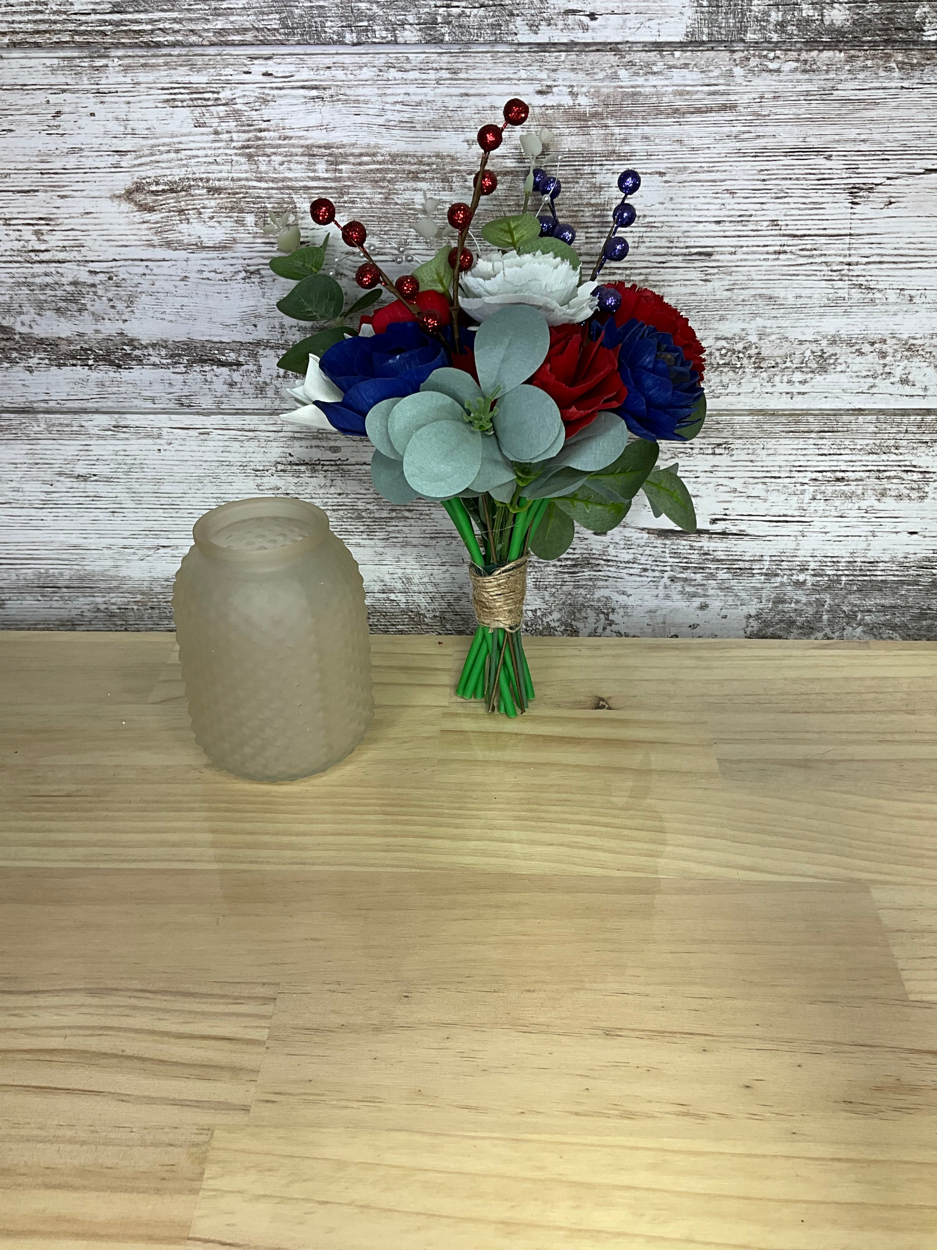 Patriotic Red, White & Blue Drop-In Sola Wood Bouquet – Hobnail Frosted Jar