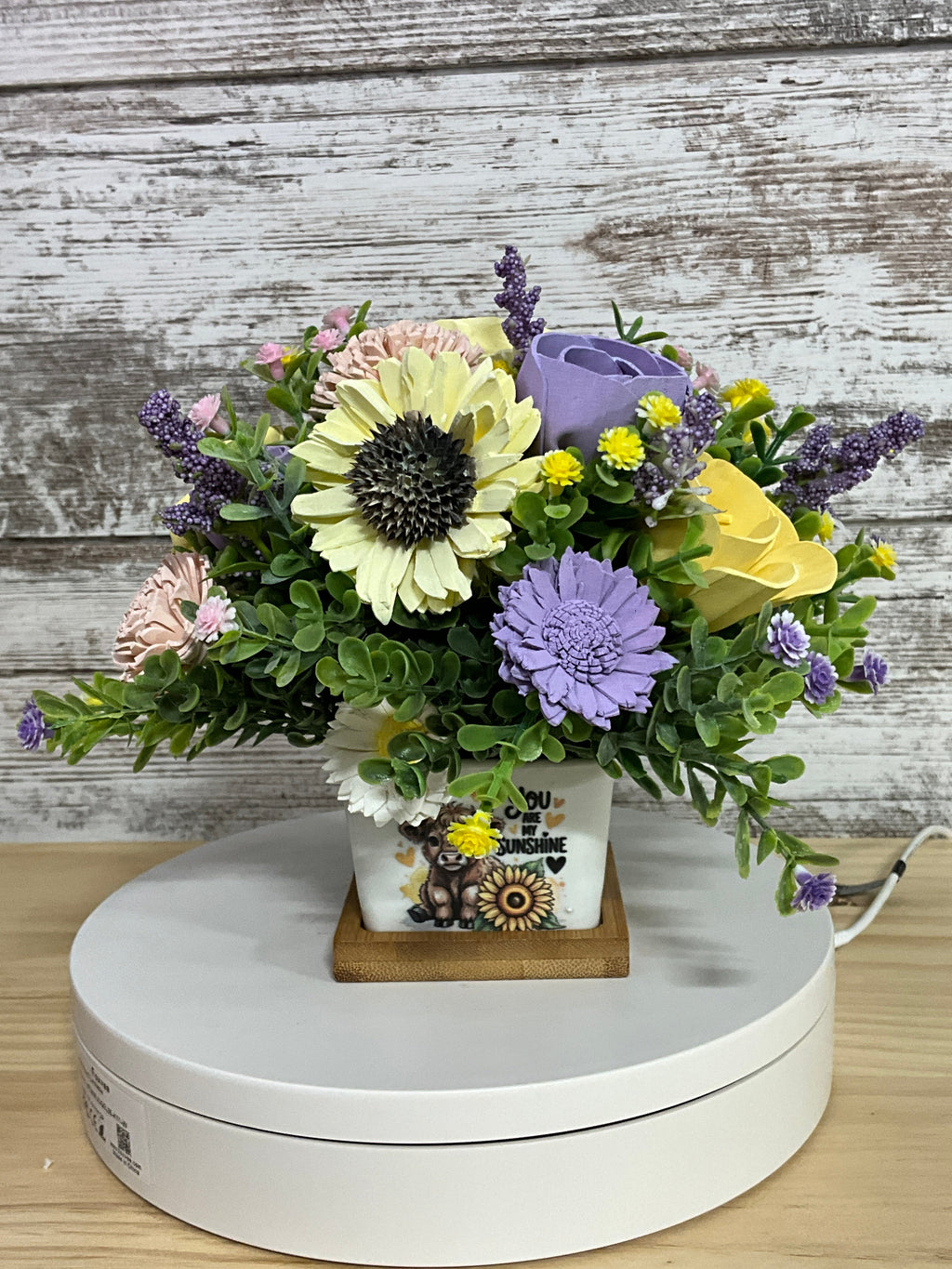 You Are My Sunshine – Highland Cow Sola Wood Flower Arrangement