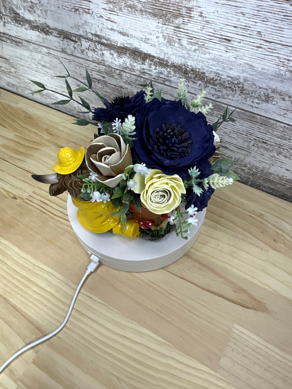 Navy & Cream Sola Wood Flower Arrangement in Highland Cow Raincoat Terracotta Pot
