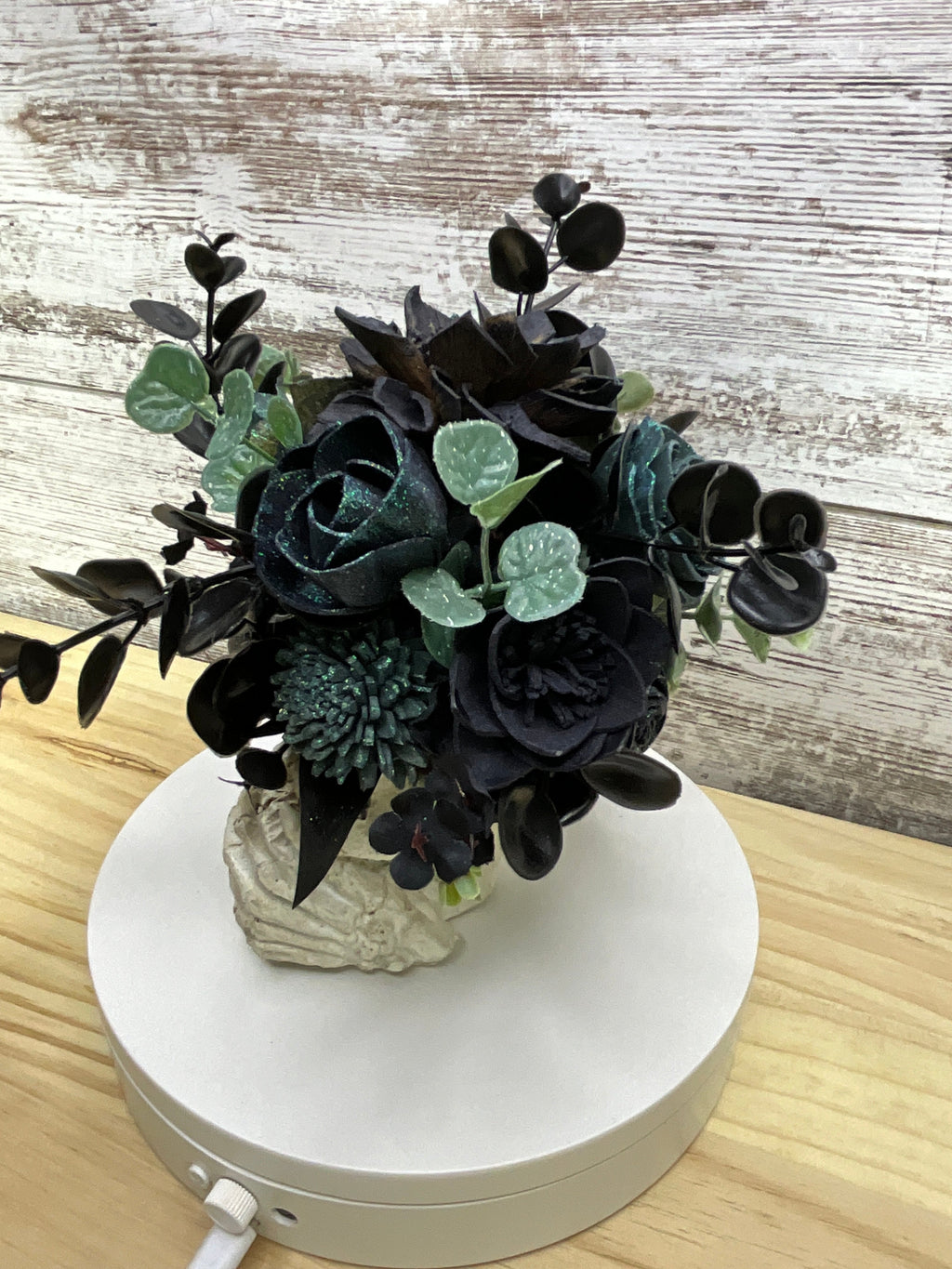 Gothic Black Sola Wood Flower Skull Arrangement